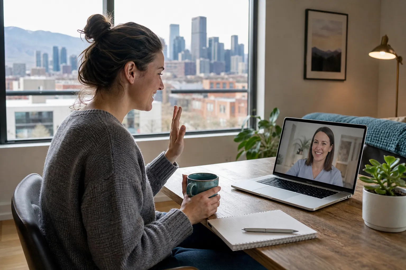 Woman Using a Laptop for a Video Visit A woman holding a mug waves to another woman on a laptop video call at a wooden table beside a city-view window.