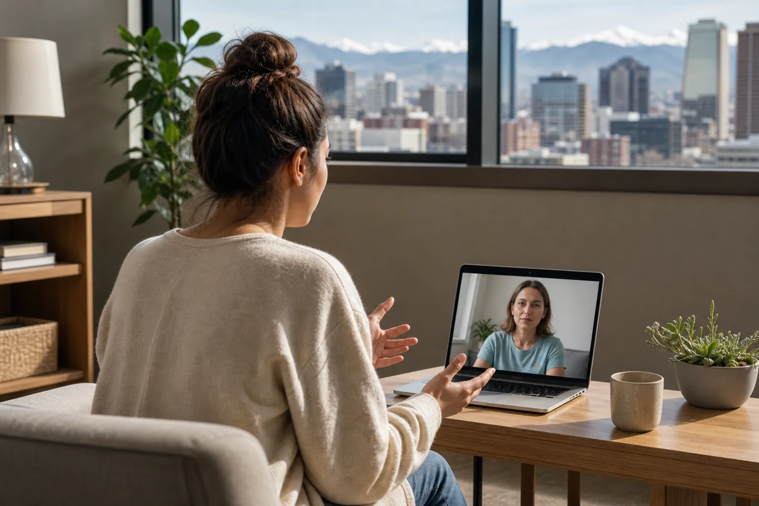 Woman on a Laptop Video Call With Mountain City Views A woman gestures during a laptop video call with another woman, beside a window overlooking a city skyline and mountains.