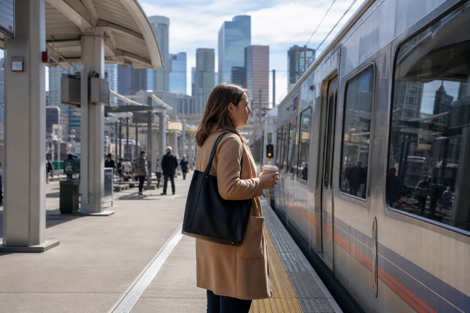 Woman Waiting Beside a Train on a City Platform A woman in a tan coat holds a coffee cup and black tote beside a train at an urban platform with skyscrapers behind her.