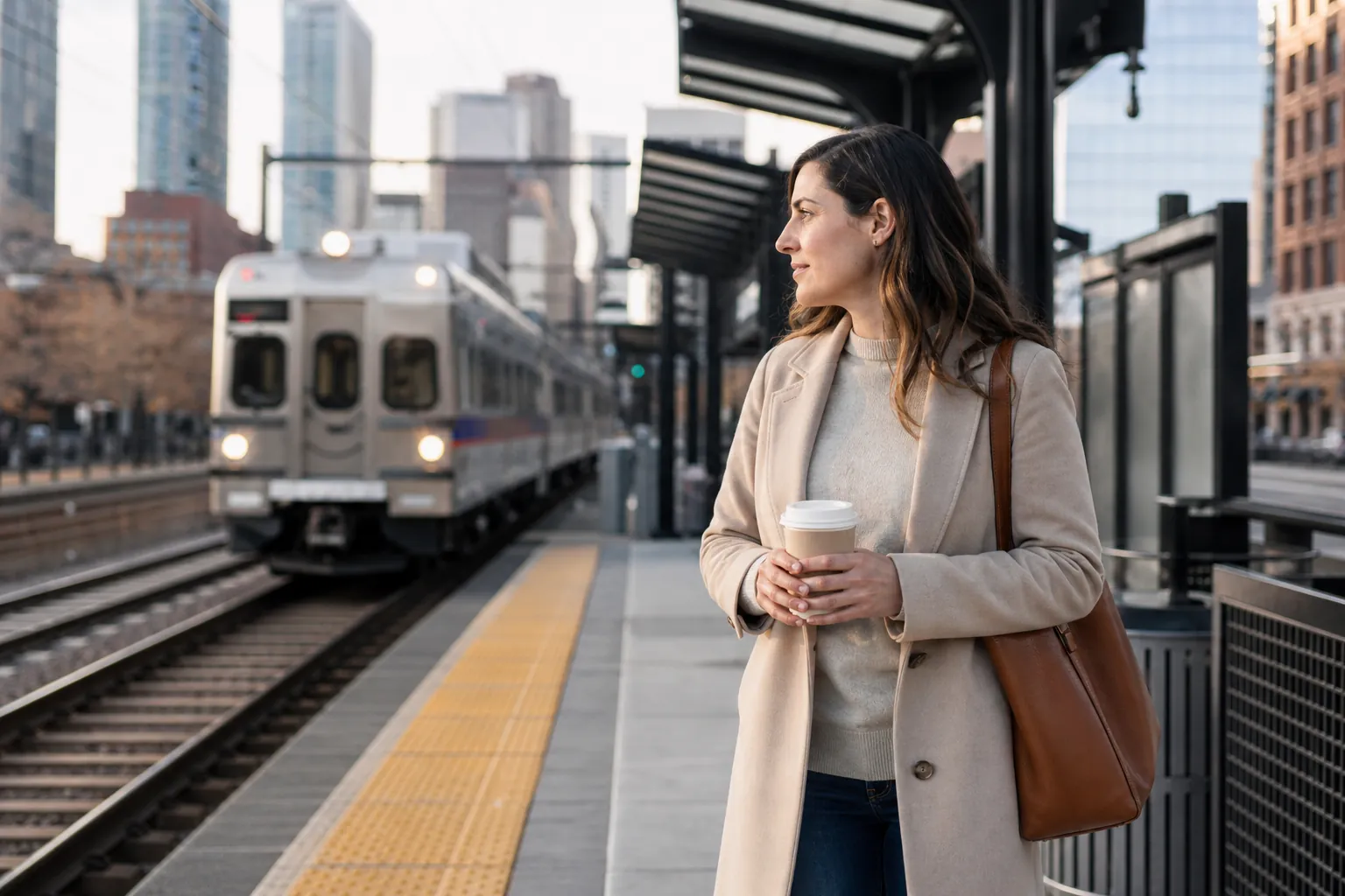 Woman Waiting for a Train on a Downtown Platform A woman in a beige coat holds a coffee cup on an urban rail platform as a train approaches beside downtown buildings.