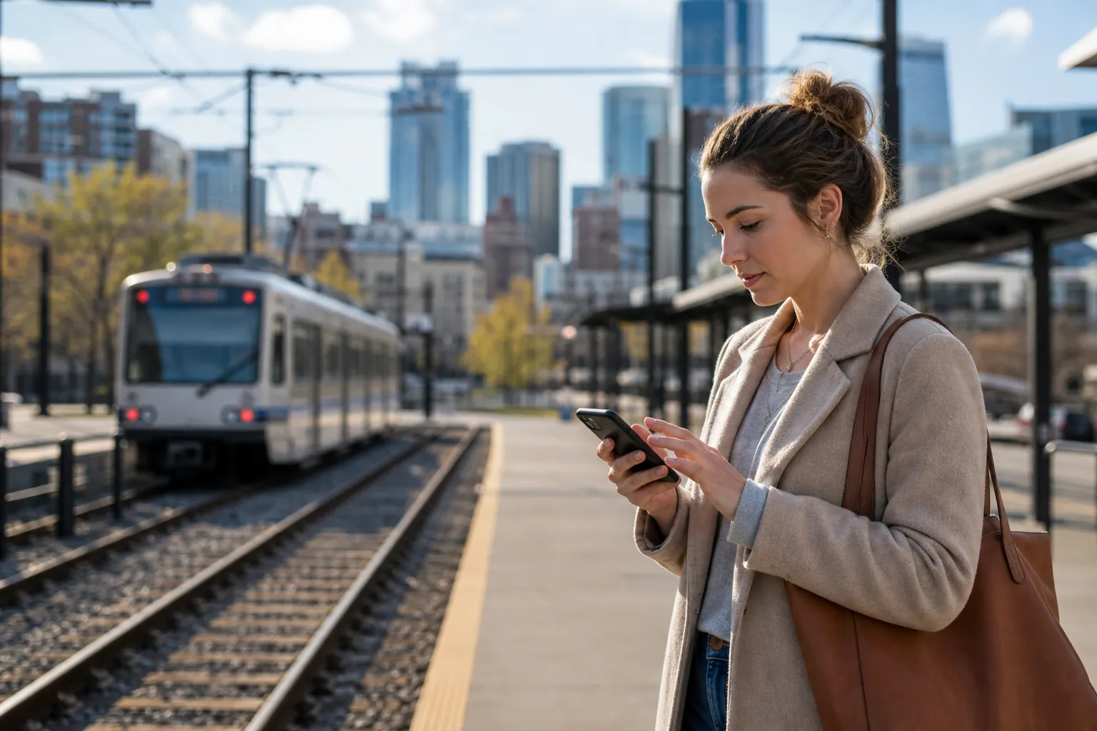 Woman Checking Her Phone at a Light Rail Station A woman in a beige coat checks her phone on a light rail platform, with a train and city skyline behind her.