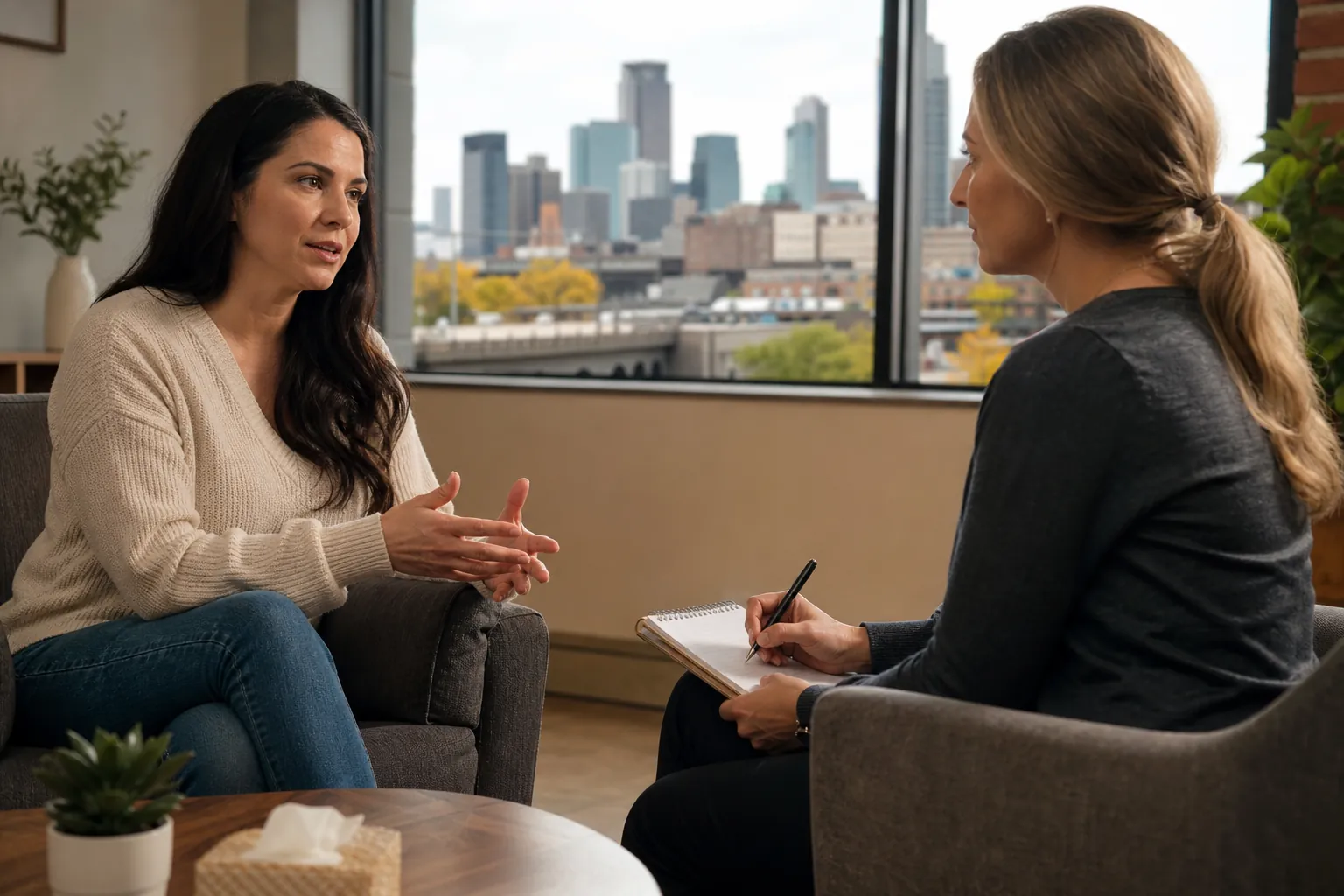 Two Women in an Office Counseling Conversation Two women sit facing each other in an office, one gesturing while the other holds a pen and notebook, with a city skyline outside.