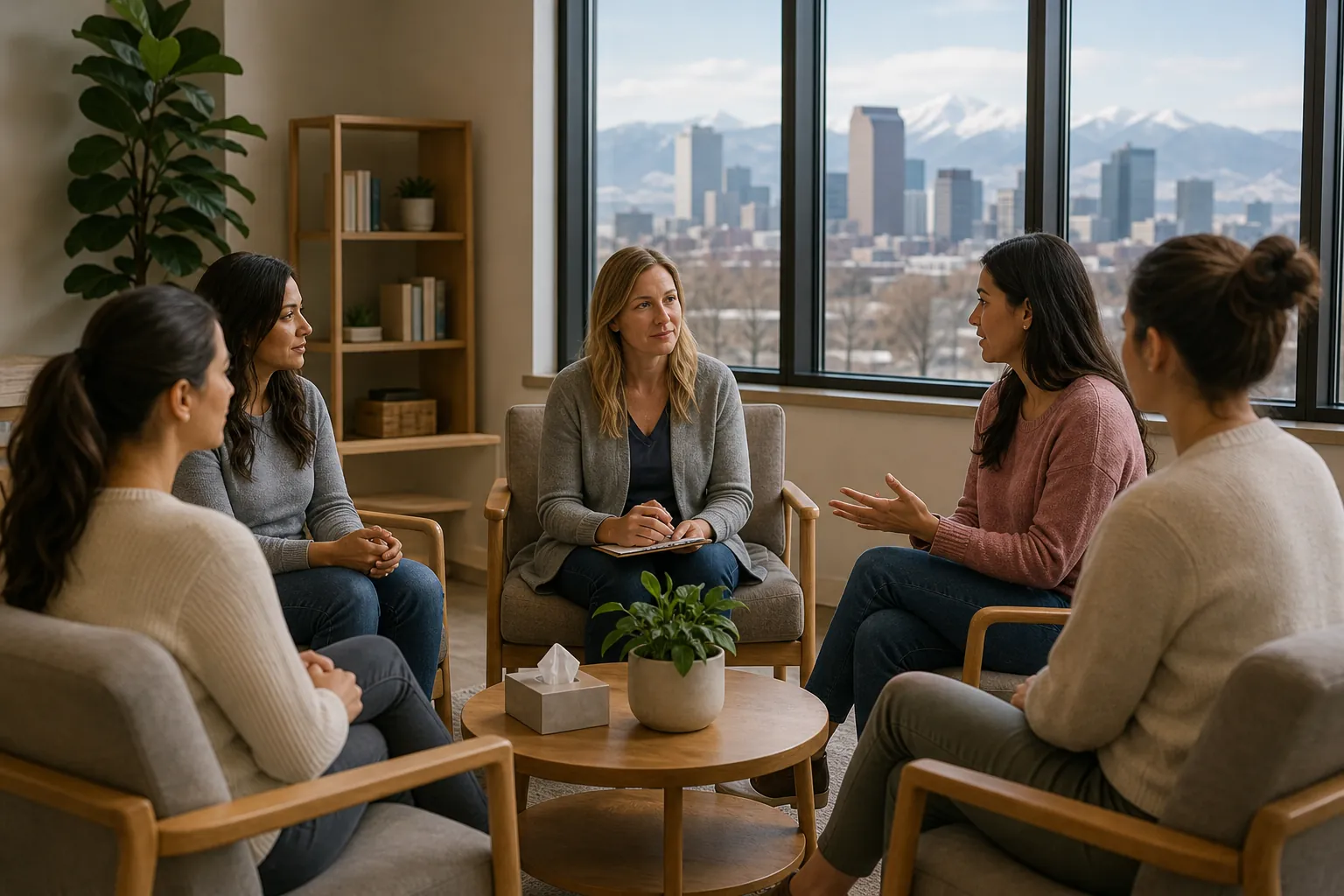 Women's Group Discussion in a Counseling Office Five women sit in a circle for a group discussion, with a notebook, plants, and city and mountain views through large windows.