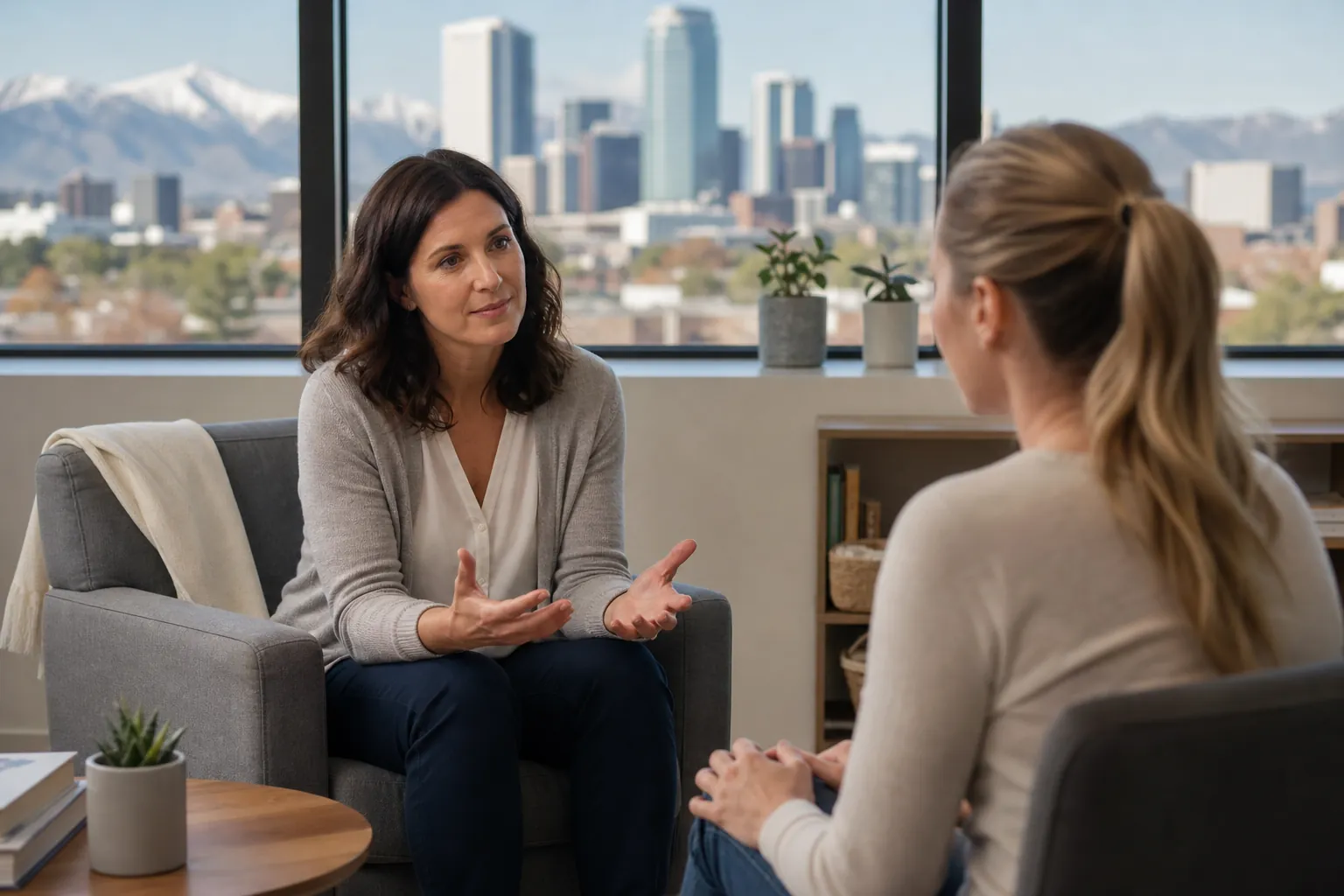 Two Women Talking in an Office With Mountain Views Two women sit facing each other in an office, one gesturing as they talk, with a city skyline and snowy mountains outside.