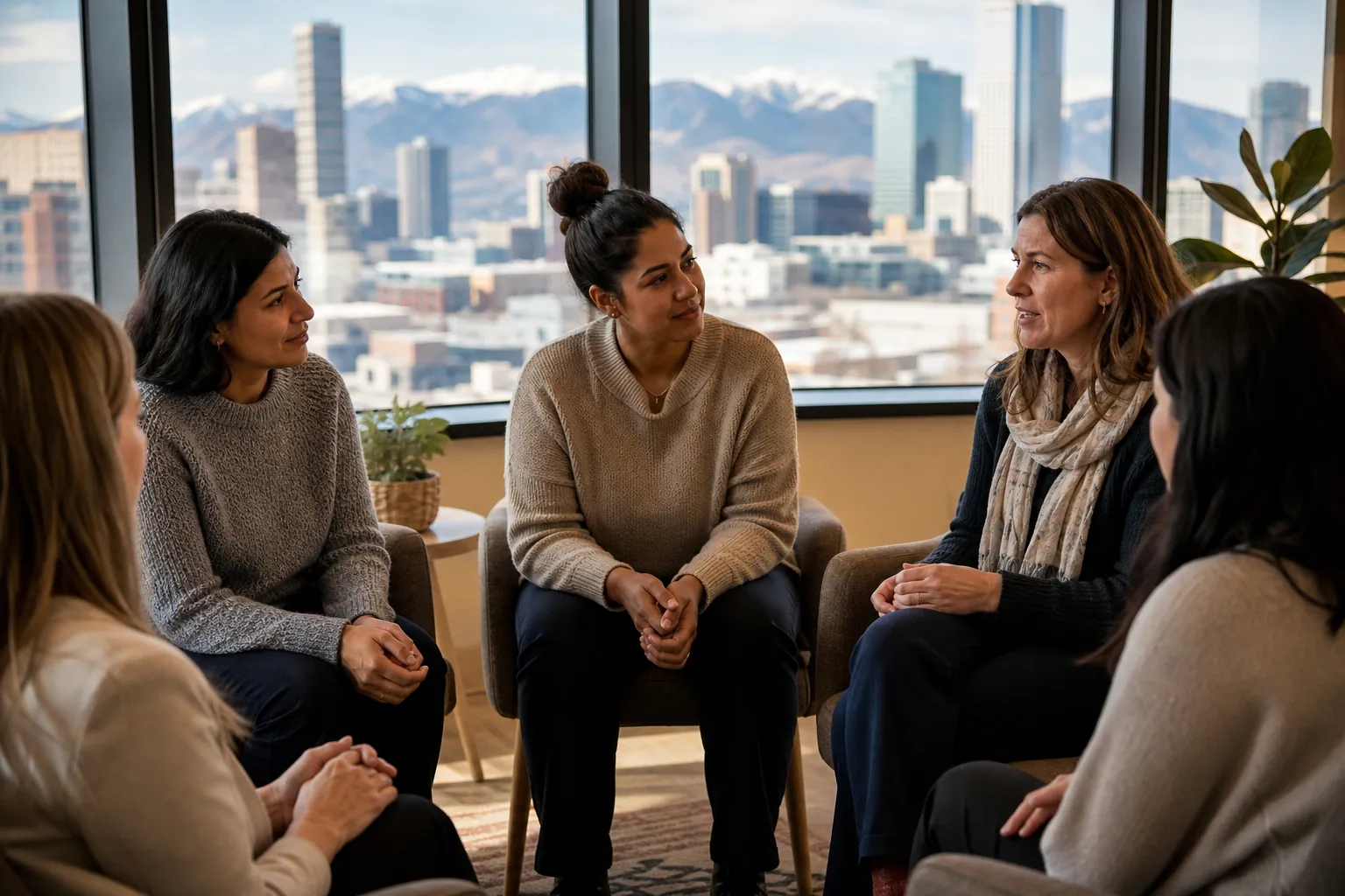 Women's Discussion Circle With City and Mountain Views Five women sit in a discussion circle beside large windows overlooking a city skyline and snowcapped mountains.