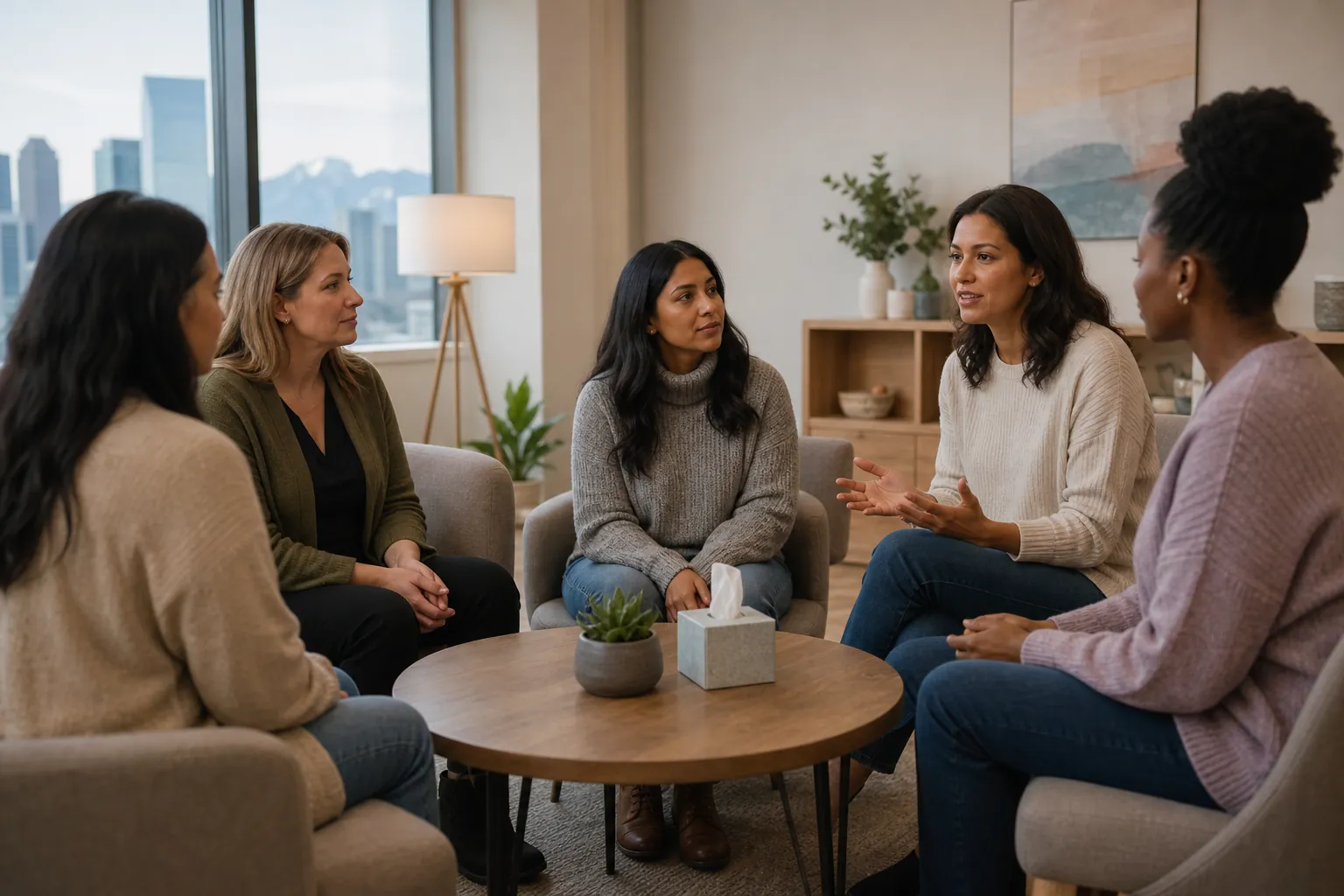 Women Sharing in a Supportive Group Discussion Five women sit in a circle in a bright lounge, listening as one woman gestures during a group discussion.