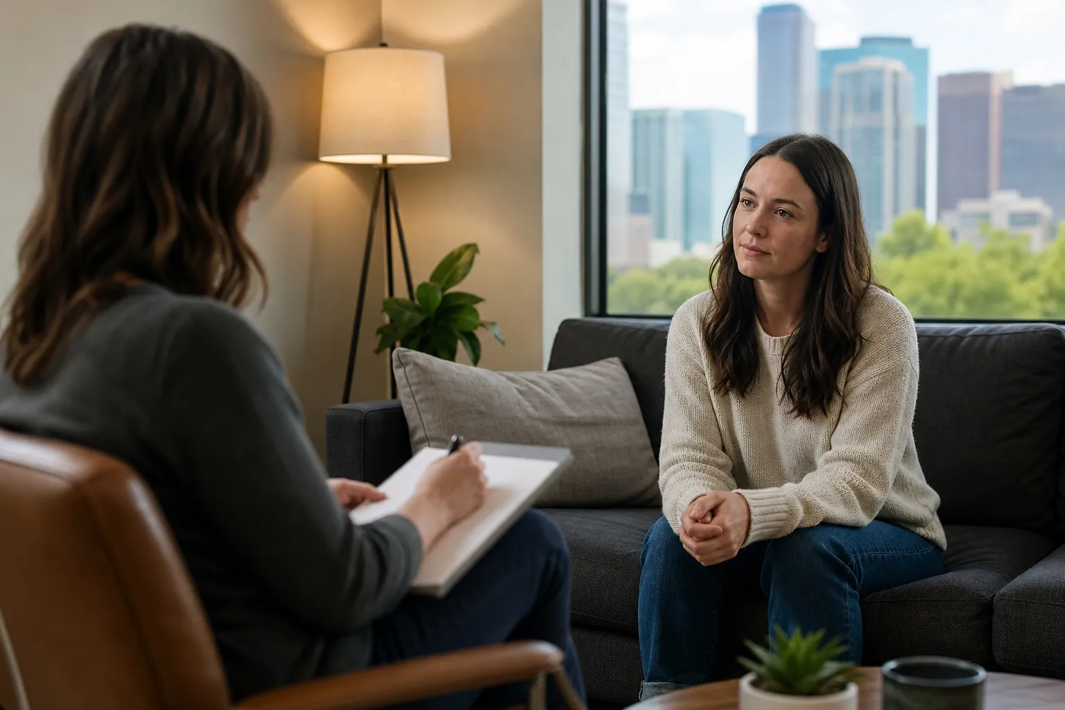 Woman Speaking With a Counselor in a City-View Office A woman sits with clasped hands on a gray sofa, facing another woman holding a pen and notepad in a city-view office.