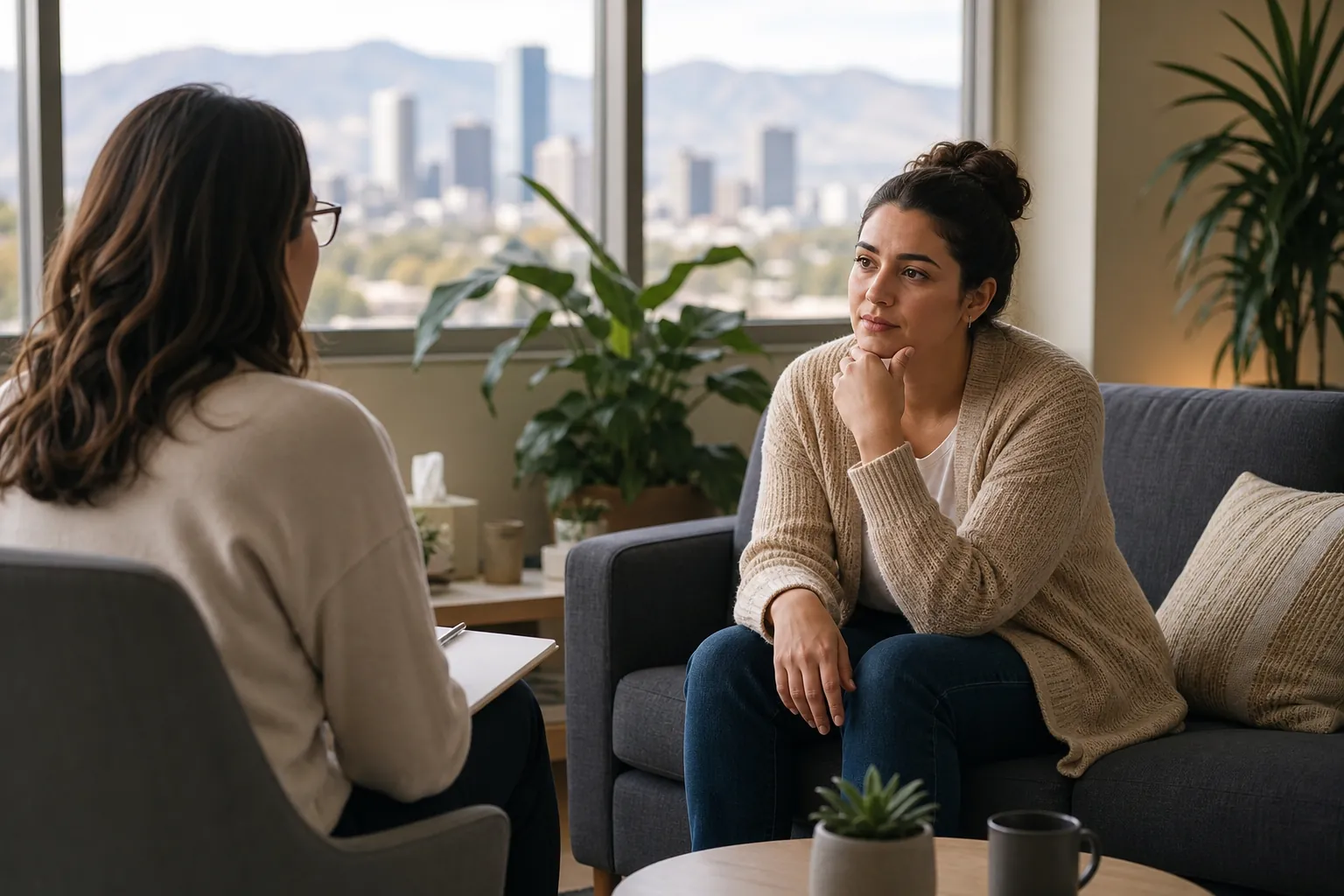 Woman in a One-on-One Counseling Conversation A woman seated on a gray sofa rests her chin on her hand while facing another woman holding a clipboard in a bright office.