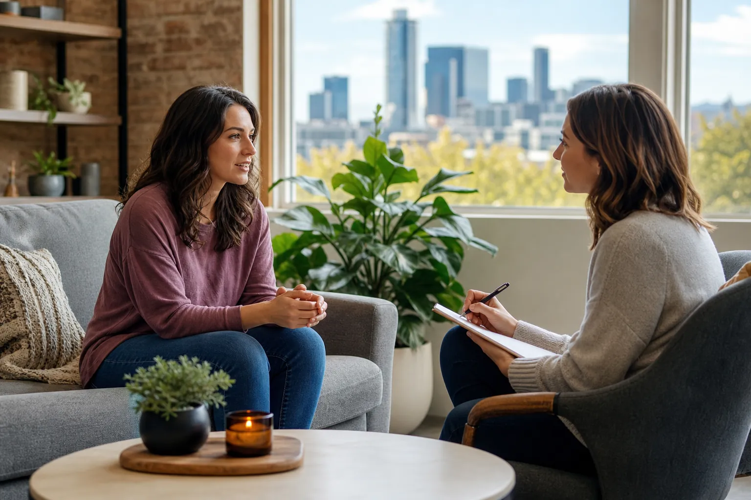 Women in a One-on-One Counseling Session Two women sit facing each other in a bright office, one holding a pen and notebook during a counseling conversation.