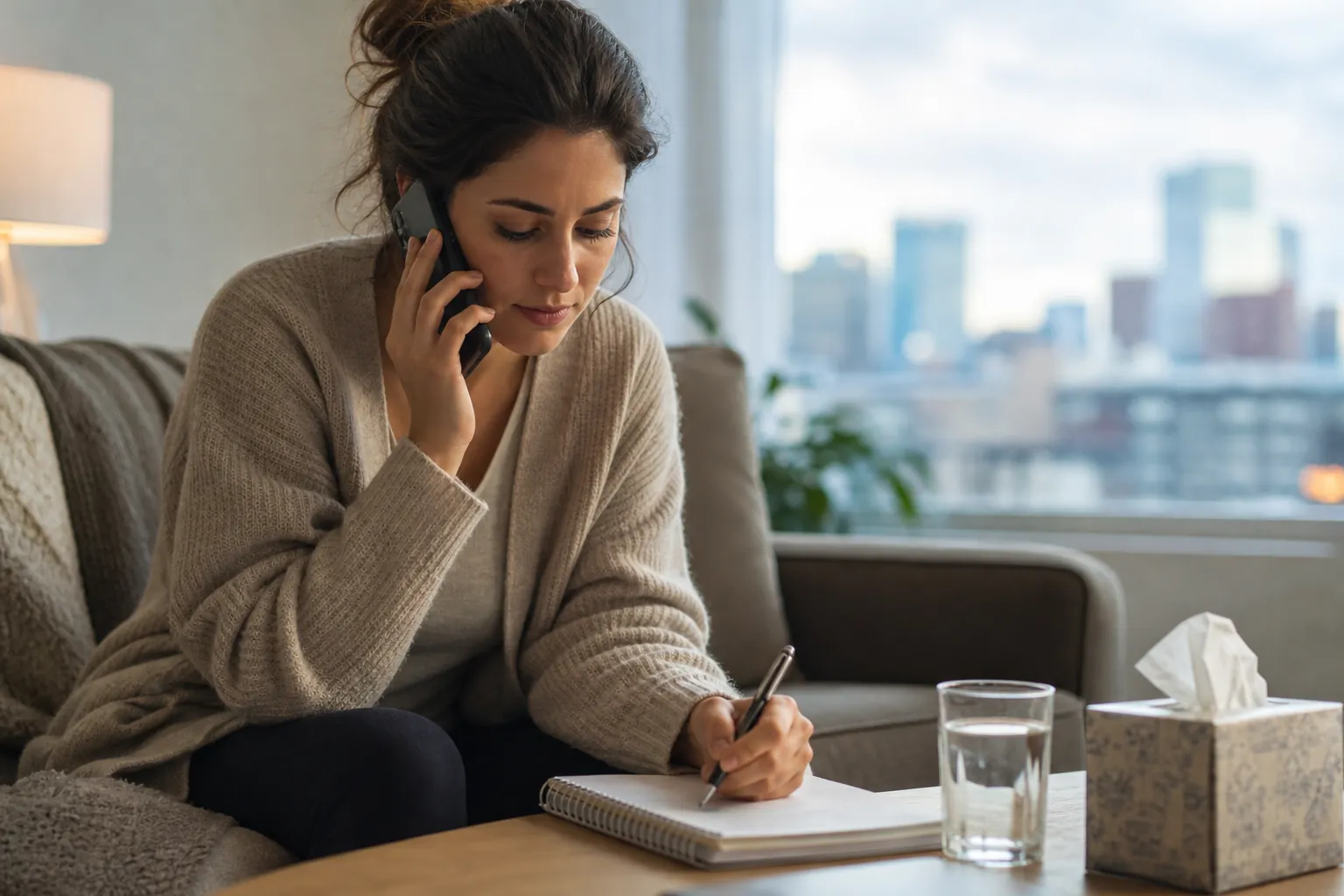 Woman Taking Notes During a Phone Call A woman sits on a sofa, holding a phone to her ear and writing in a notebook beside a glass of water and a tissue box.