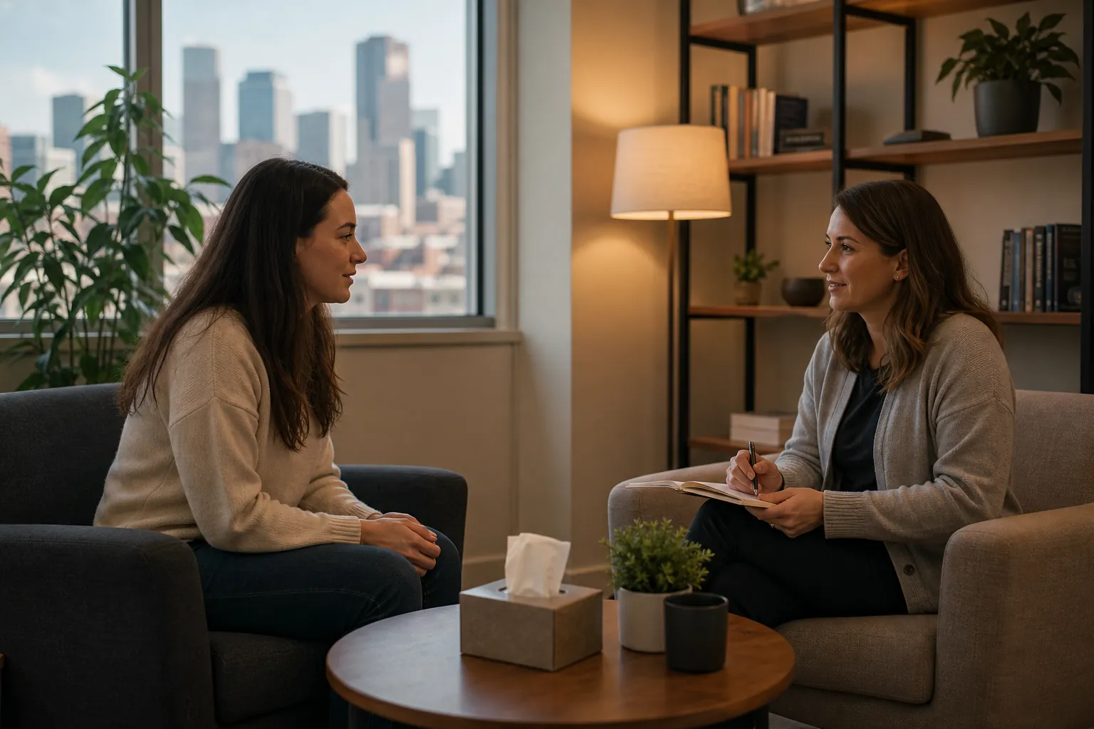 Two Women Talking During an Office Intake Meeting Two women sit facing each other in a comfortable office, with one holding a pen and notebook during a conversation.
