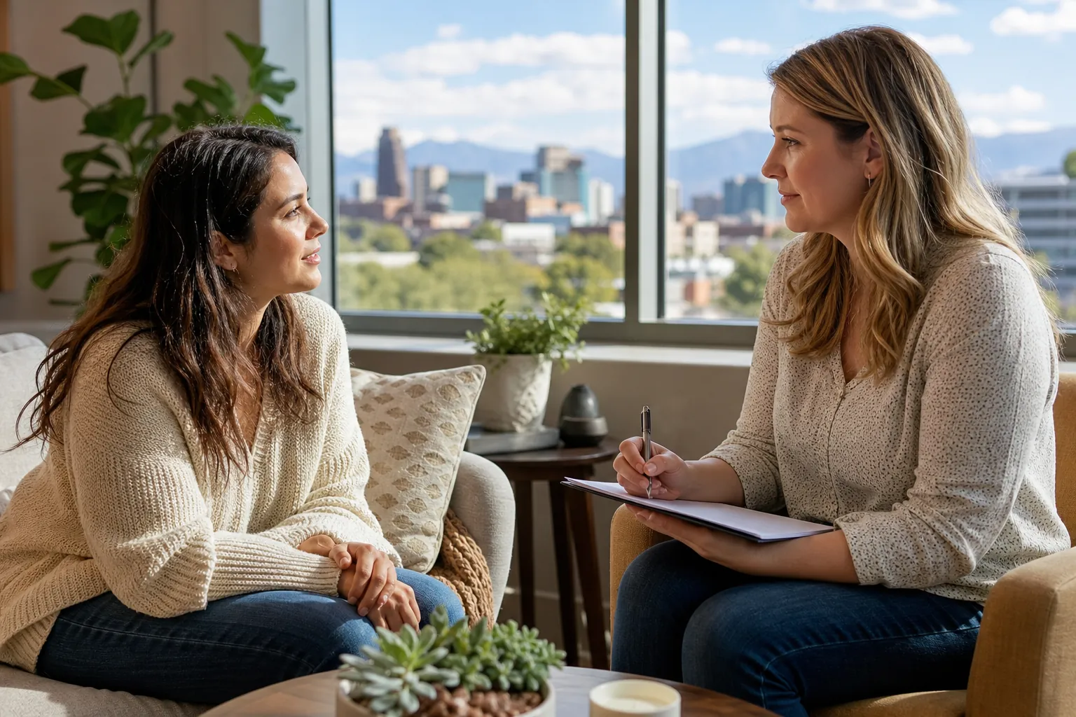 Two Women Talking in a Bright Office Two women sit facing each other in a bright office, one holding a pen and clipboard, with mountains visible through the windows.