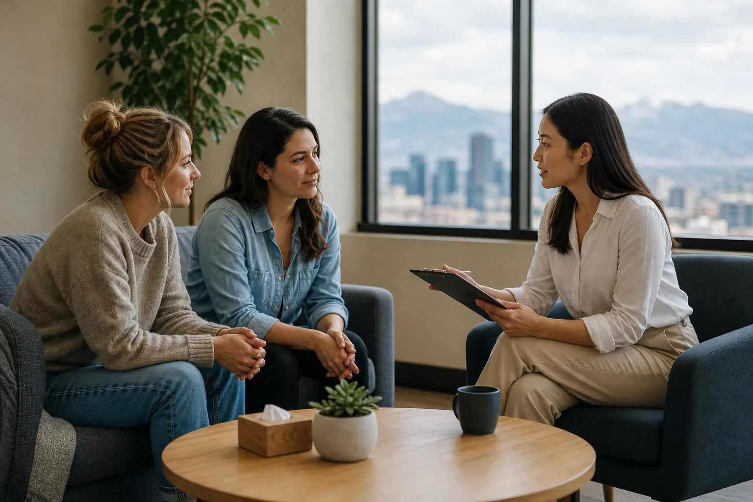 Women Meeting in an Office With a Clipboard Three women sit in a counseling office, one holding a clipboard, with a city skyline and mountains visible through a window.