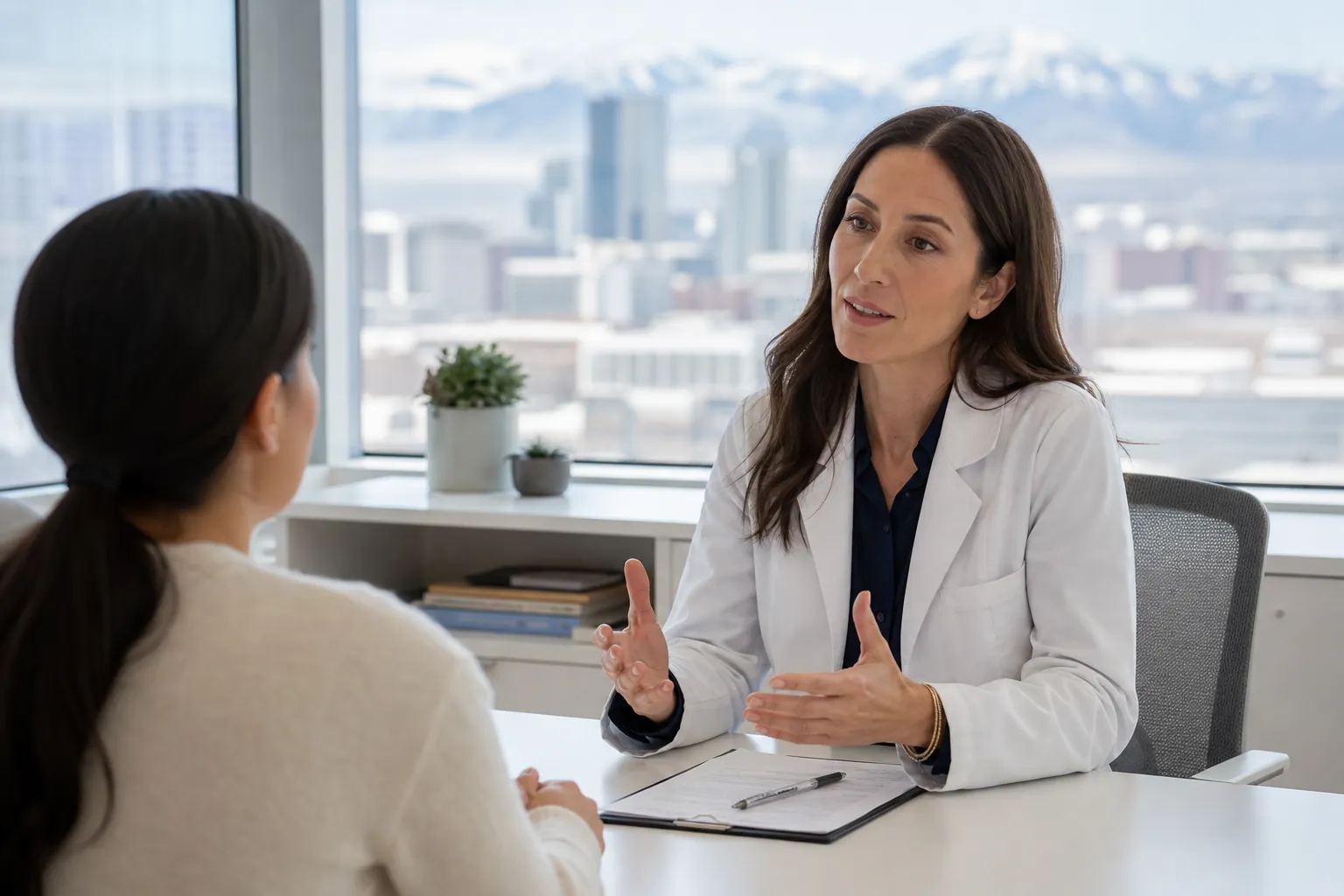 Female Clinician Consulting With a Woman in an Office A female clinician in a white coat speaks with a woman across a desk, with city buildings and snowy mountains outside.