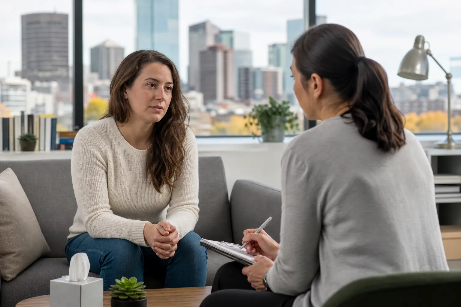 Woman Speaking With a Provider in an Office A woman sits on a gray sofa facing another woman holding a pen and clipboard in an office with city views.