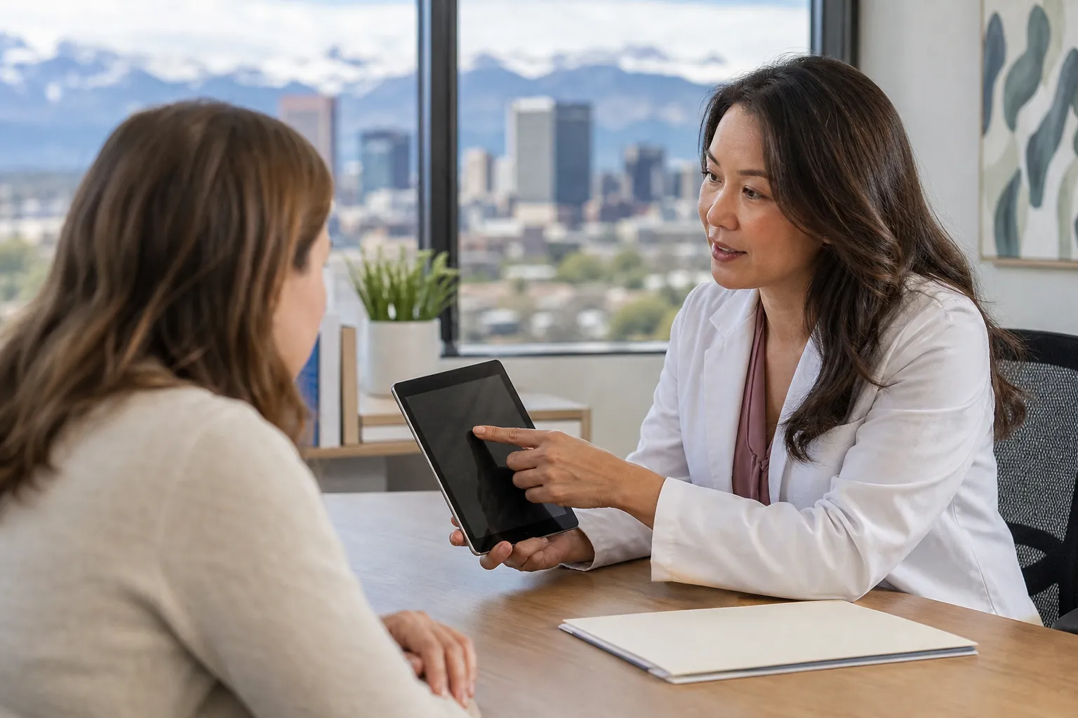 Clinician Discussing Care With a Woman Using a Tablet A female clinician in a white coat points to a tablet while speaking with a woman across a desk in a city-view office.