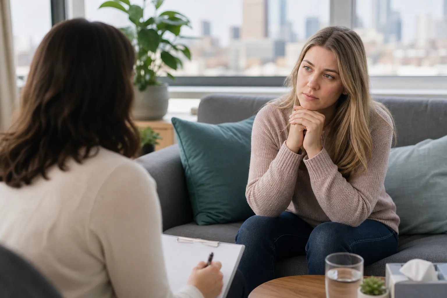 Woman in a Counseling Conversation on a Sofa A woman leans forward on a gray sofa with her hands clasped, facing another woman holding a pen and clipboard.