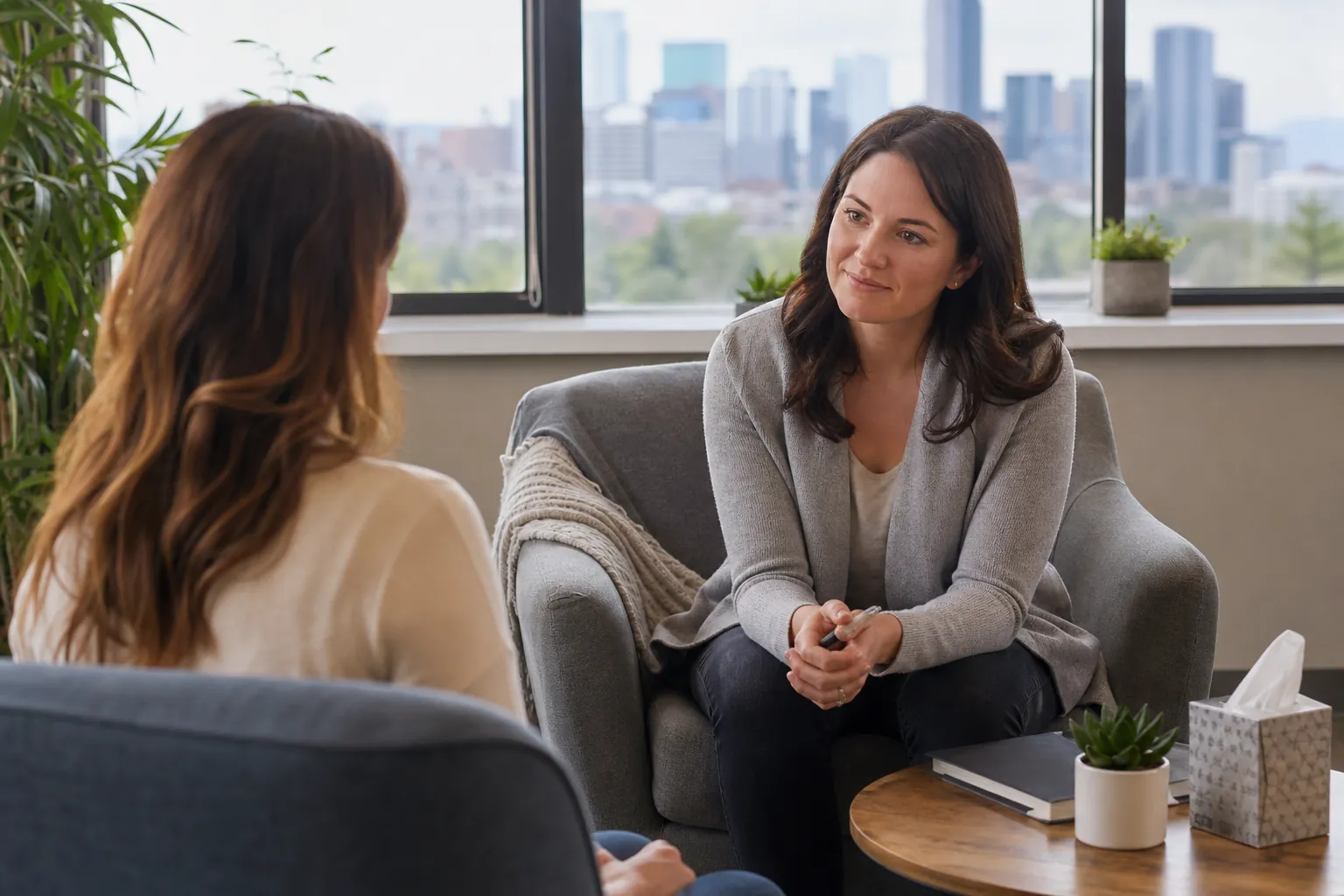 Two Women Talking in a Comfortable Office Two women sit facing each other in an office with large windows, a city view, plants, and a tissue box on a round table.