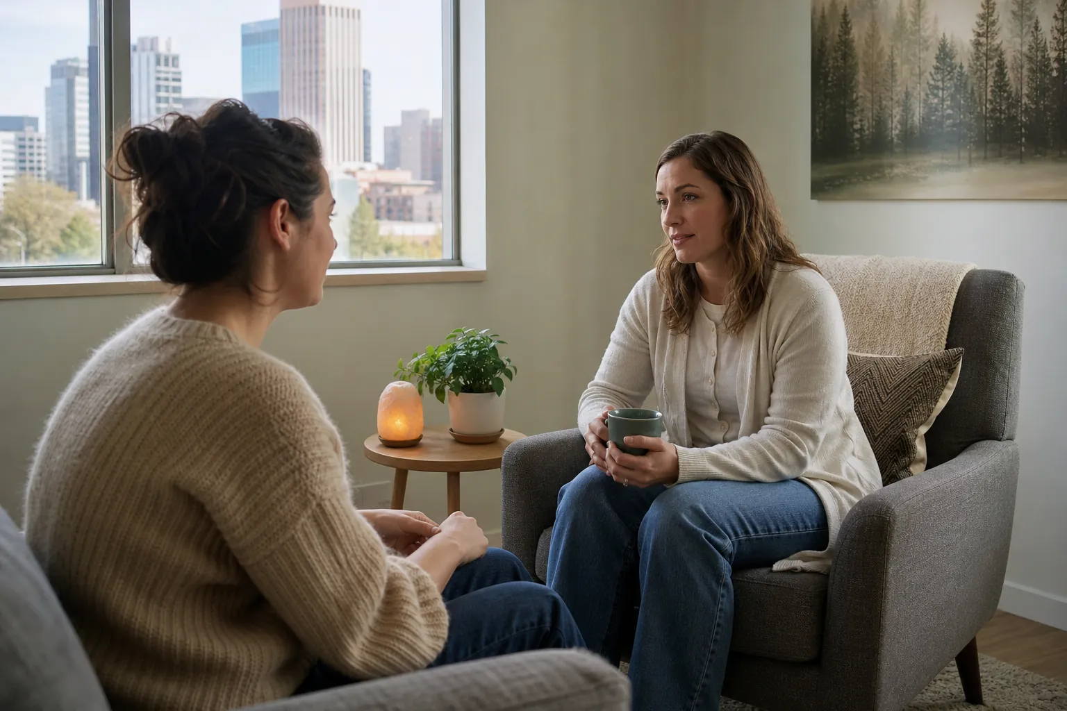 Two Women Talking in a Sunlit Office Two women sit facing each other in gray armchairs in a sunlit office, one holding a green mug, with city buildings outside.