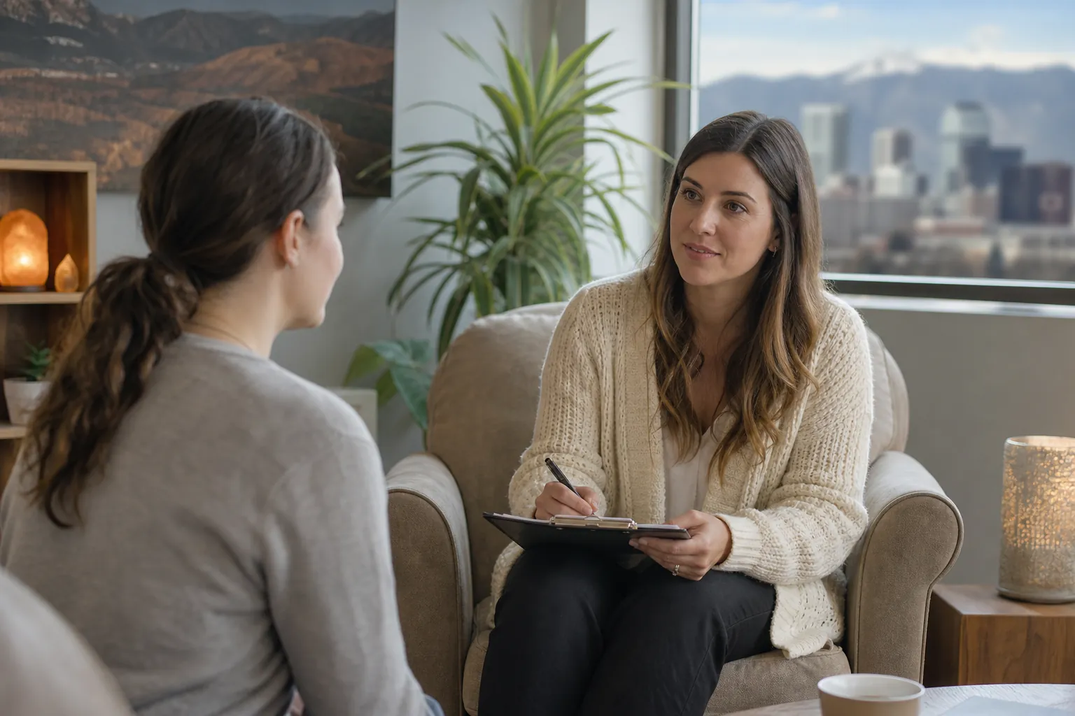 Two Women Discussing Intake in a Welcoming Office Two women sit facing each other in an office, one holding a pen and clipboard, with mountains and city buildings outside.