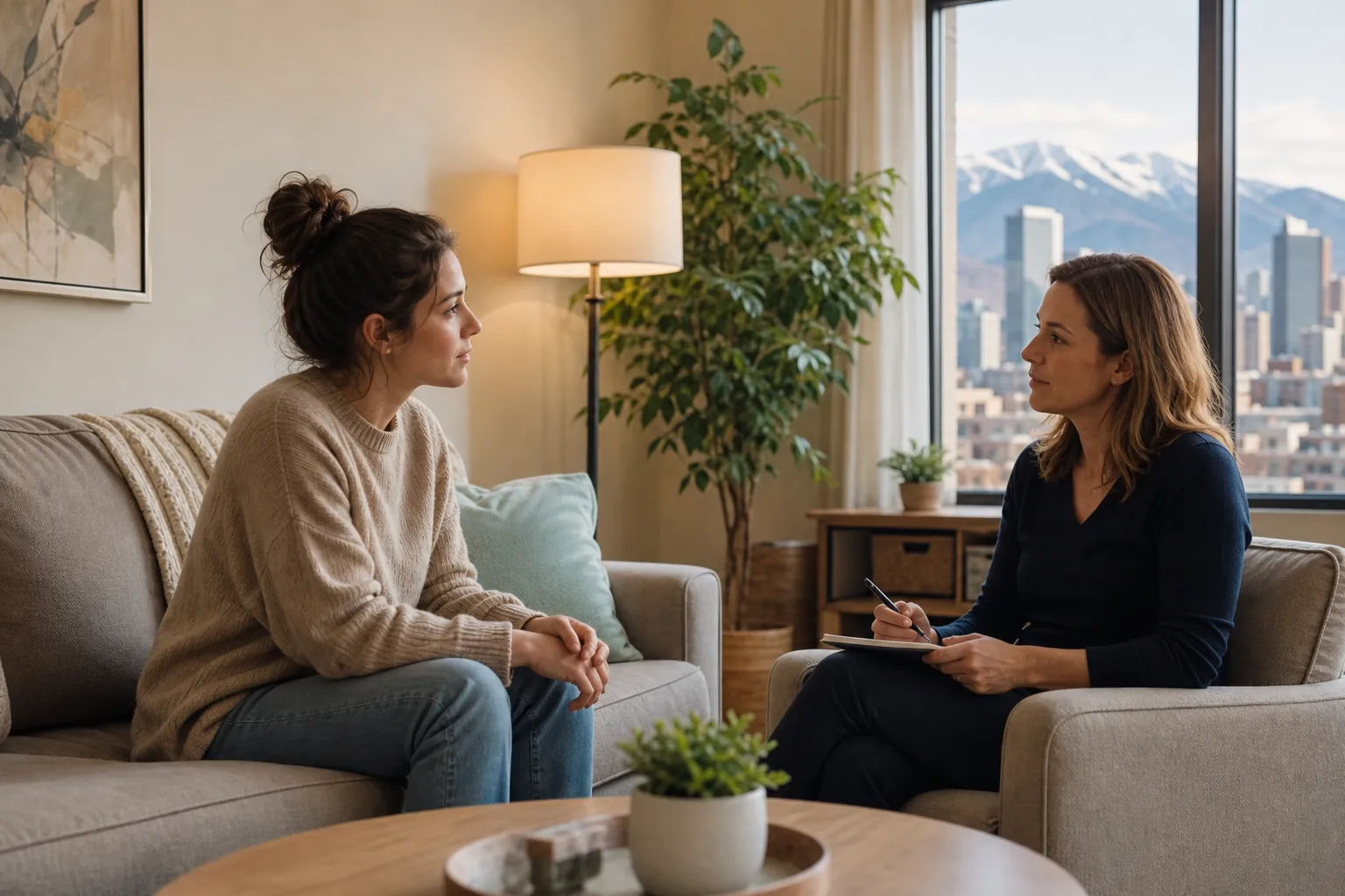 Two Women Talking in a Mountain-View Office Two women sit facing each other in a cozy office, one holding a pen and notebook, with city buildings and mountains outside.