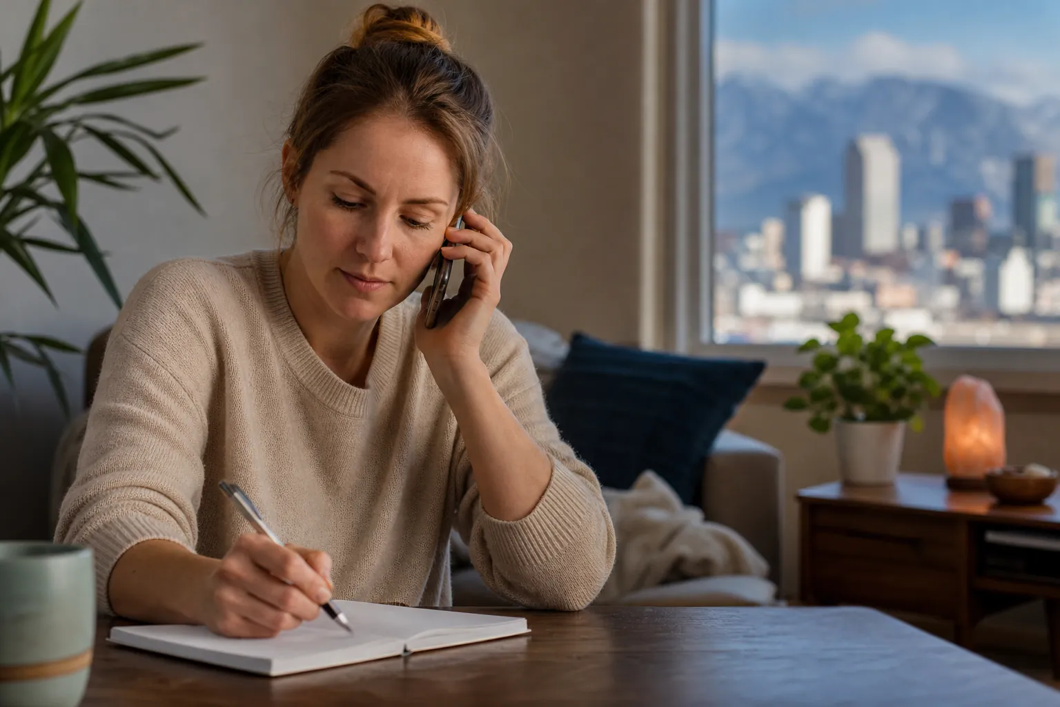 Woman Taking Notes During a Phone Call (featured) A woman holds a phone to her ear while writing in a notebook at a table, with a city skyline and mountains outside.