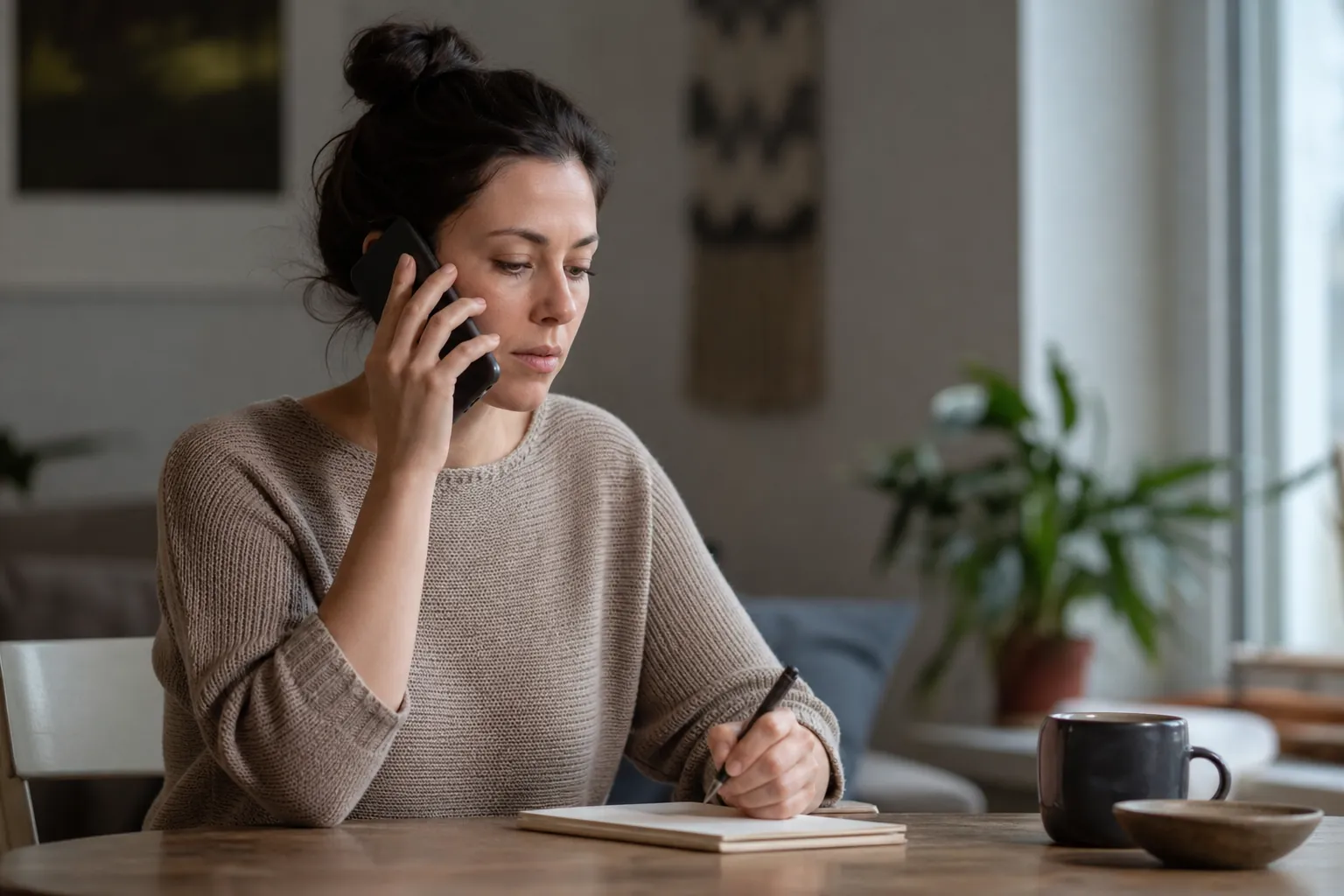 Woman Taking Notes During a Phone Call (next step) A woman holds a phone to her ear and writes in a notebook at a wooden table beside a mug and a window.