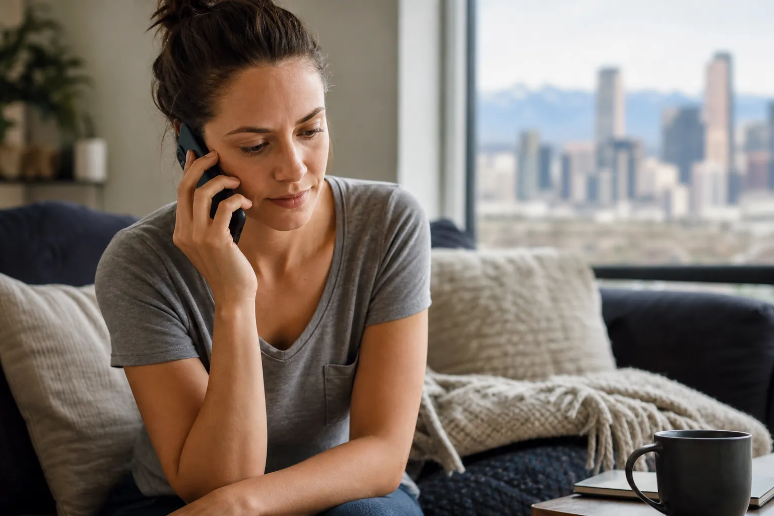 Woman Taking a Phone Call on a Couch (detail) A woman in a gray shirt sits on a couch holding a phone to her ear, with a mug nearby and a city skyline outside.
