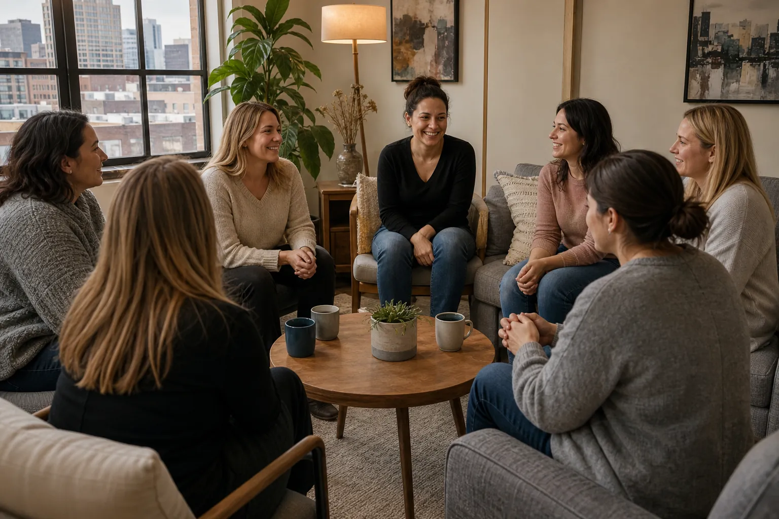 Seven women sit in a circle around a wooden coffee table, smiling and talking in a lounge with city views.