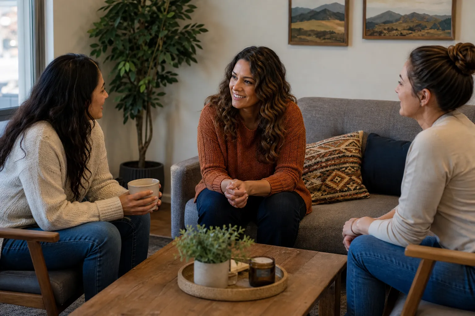 Three women sit facing one another around a wooden coffee table in a cozy room, smiling and talking.