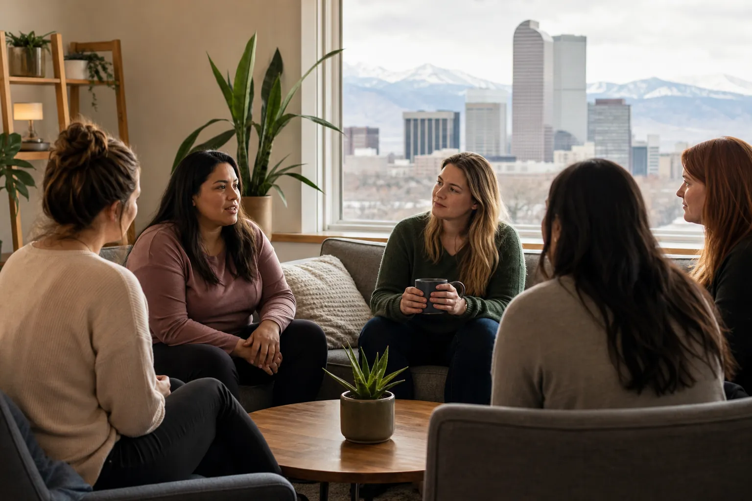 Five women sit in a circle around a wooden coffee table, with a city skyline and snowy mountains visible through a large window.