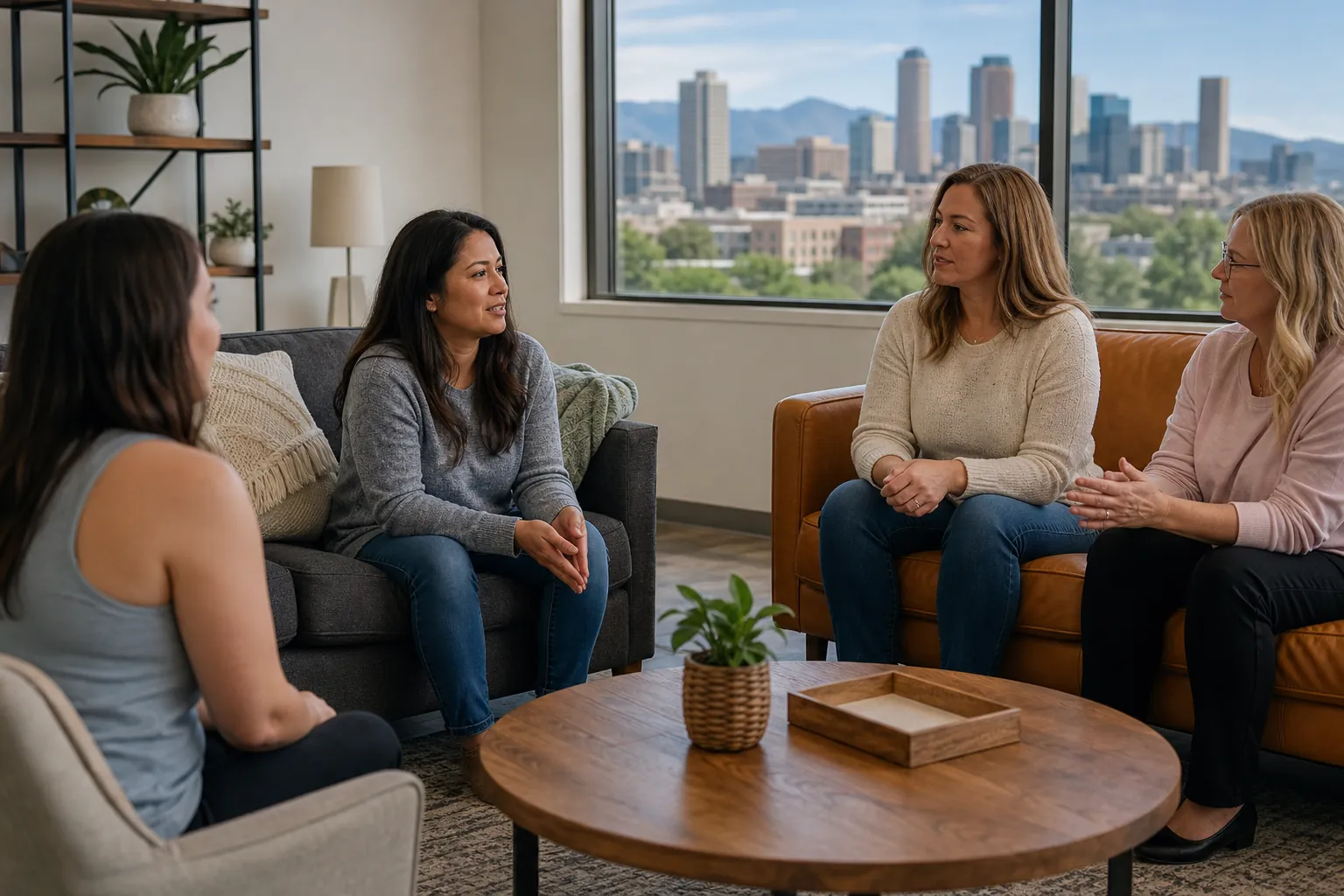 Four women sit in a circle around a wooden coffee table, with a city skyline and mountains visible through large windows.