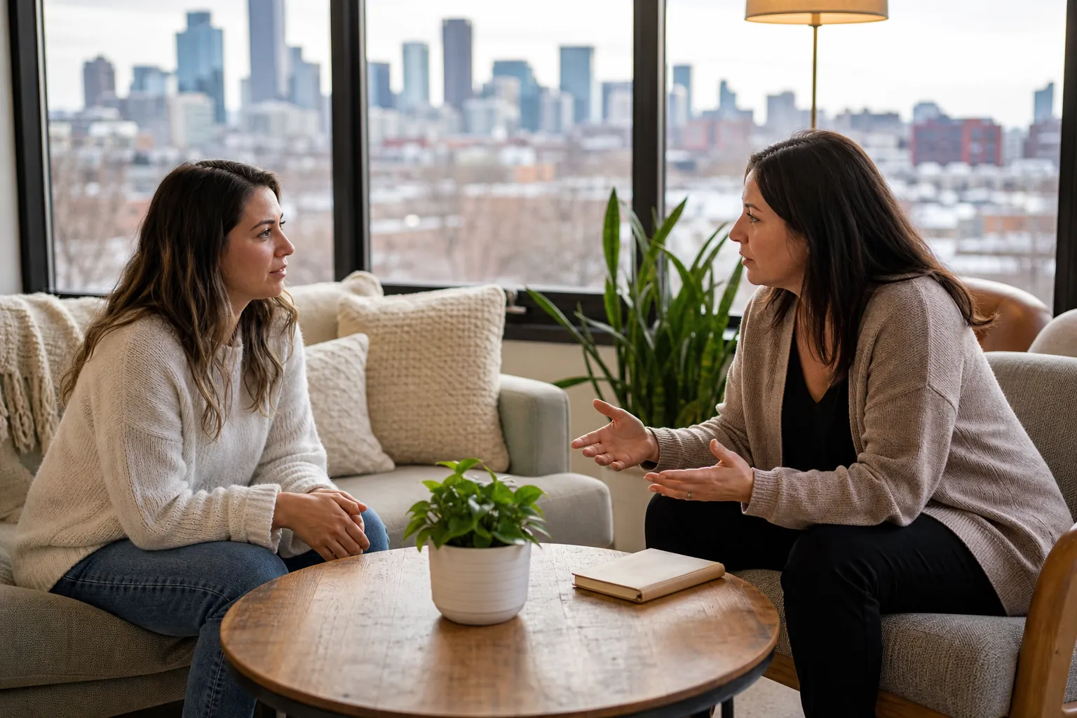 Two women sit facing each other in a bright lounge, one gesturing during a conversation beside a table with a plant and notebook.