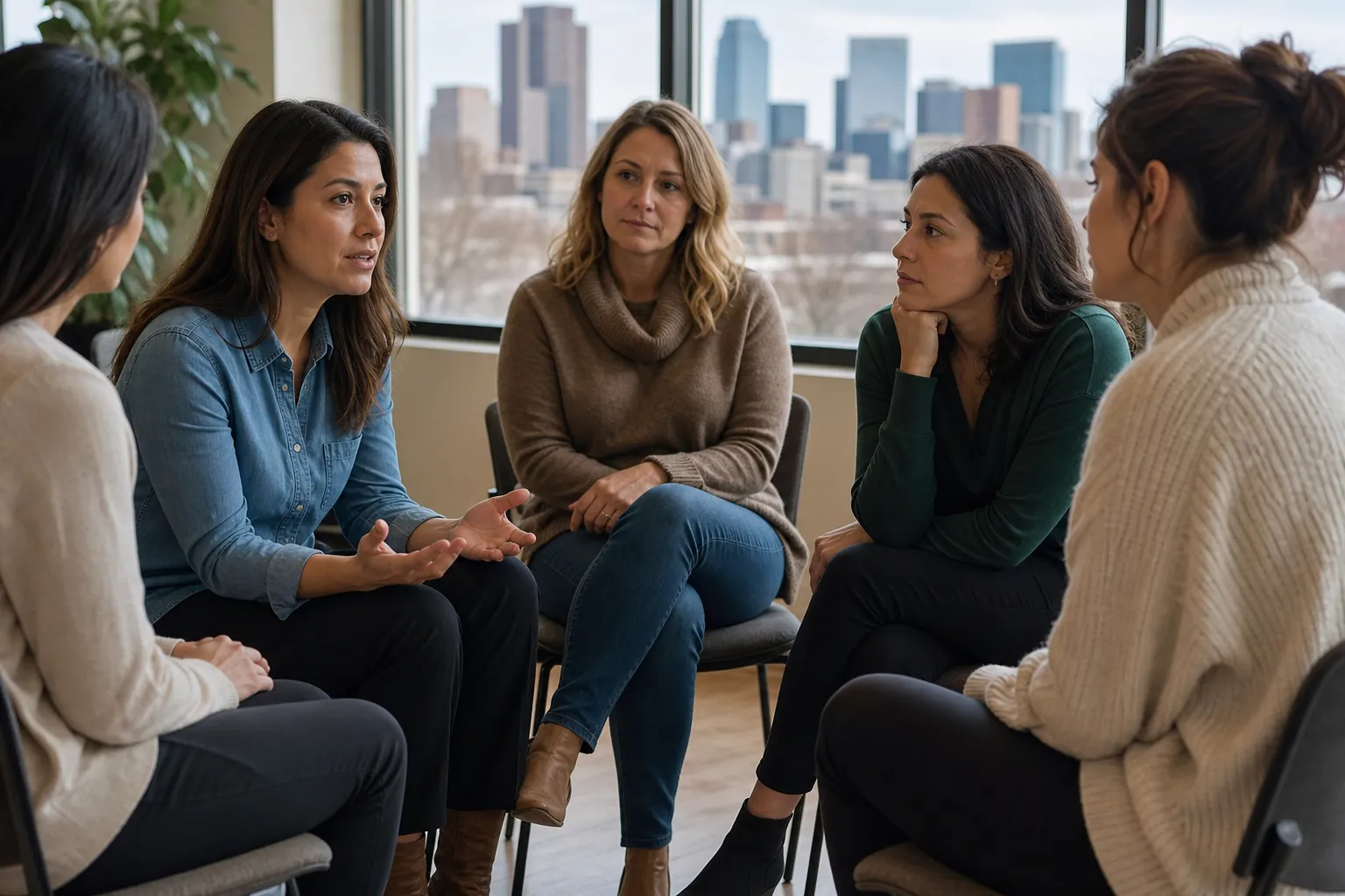 Women Sharing in a Support Group With City Views Five women sit in a circle, listening as a woman in a denim shirt speaks, with a city skyline visible through large windows.