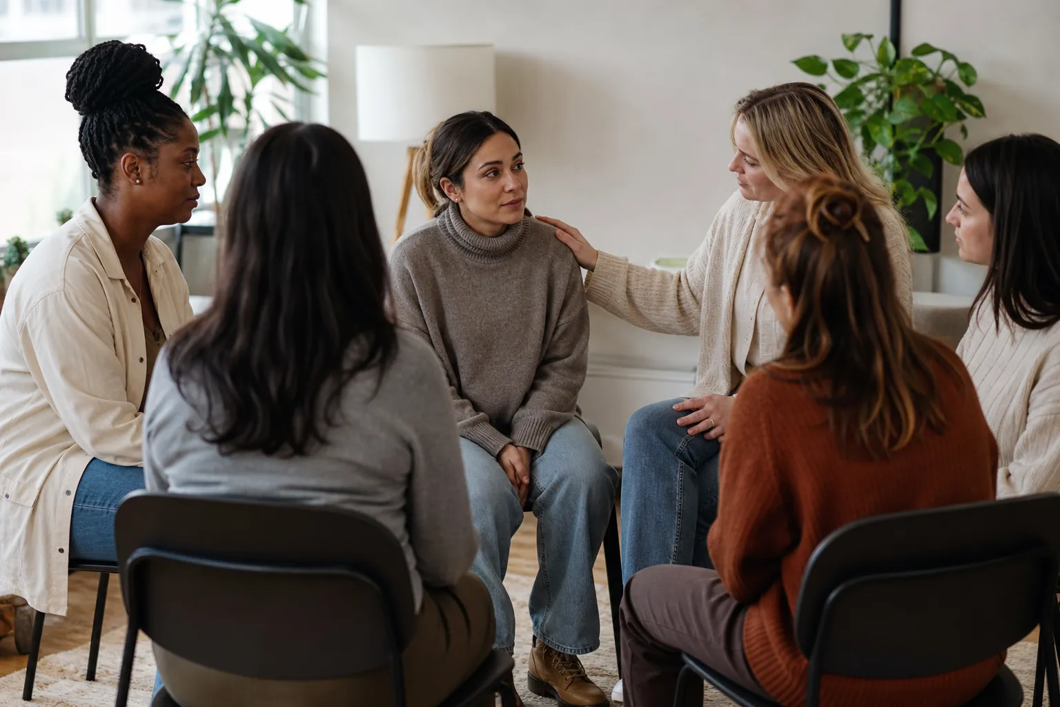 Women Sharing Support in a Seated Group Circle Six women sit in a circle in a bright room, with one resting a reassuring hand on the shoulder of the woman beside her.