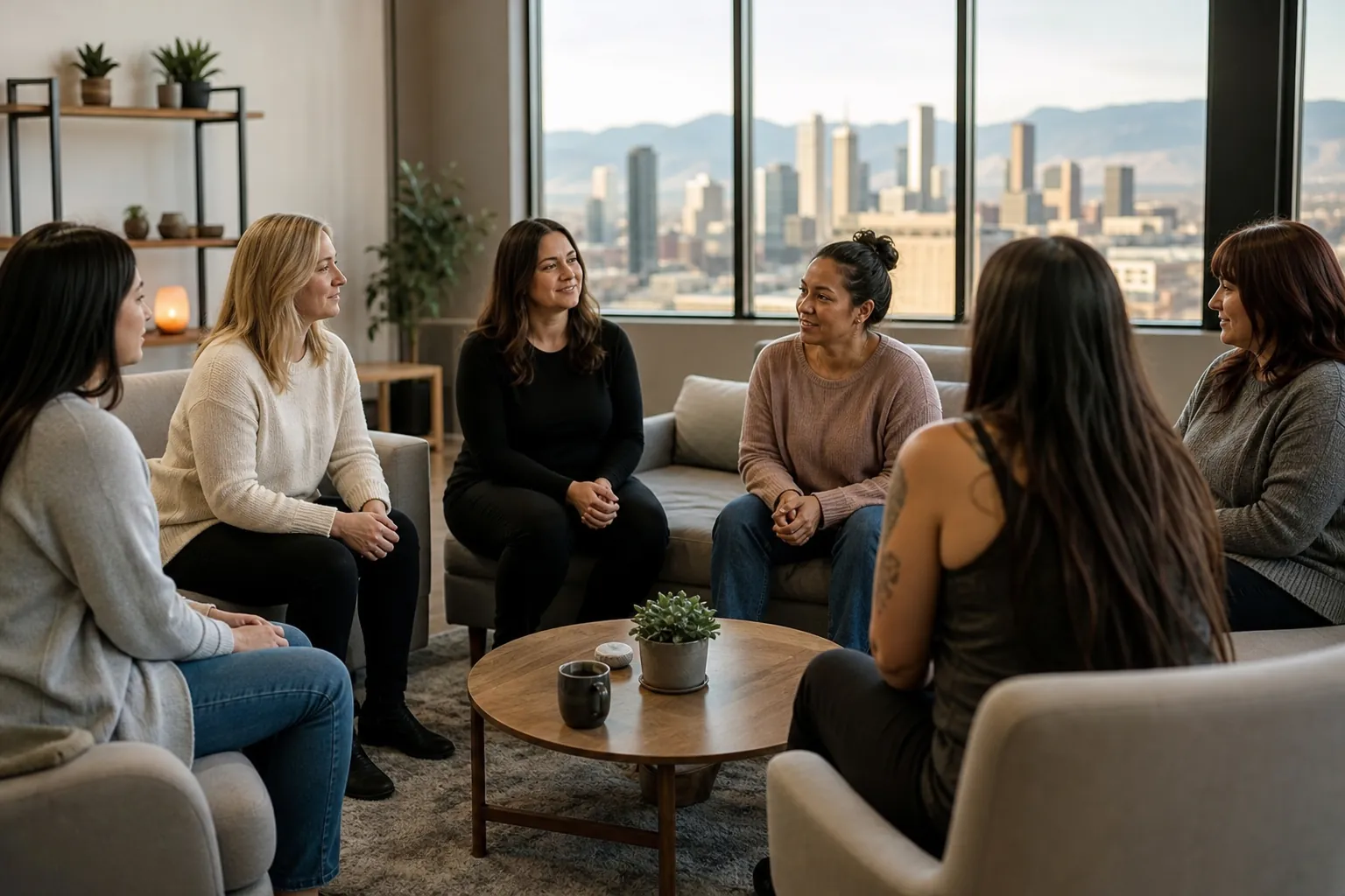 Women Gather for a Support Group Discussion Six women sit in a discussion circle around a wooden coffee table, with a city skyline and mountains visible through large windows.