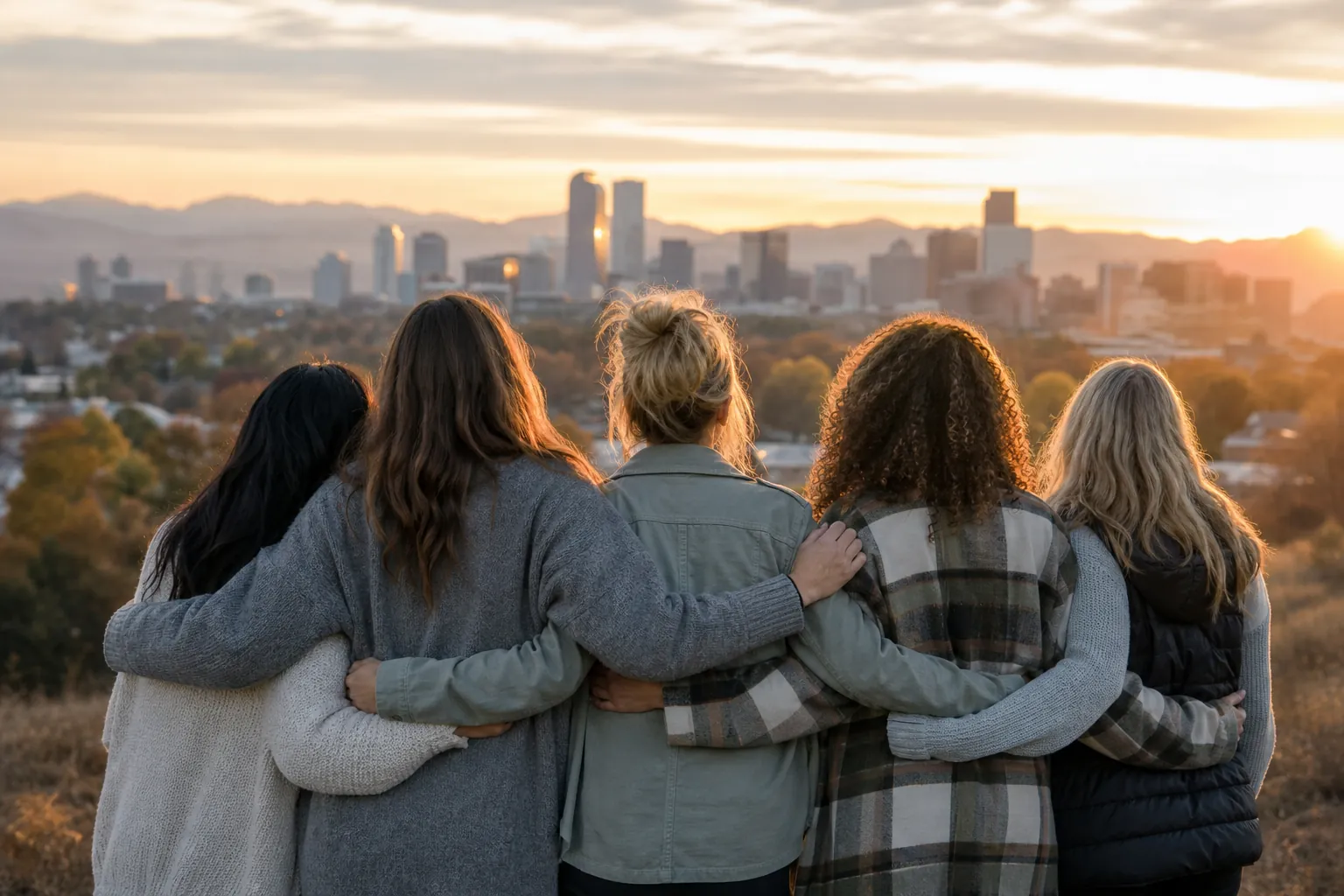 Five women stand with their arms around one another, facing a city skyline and distant mountains at sunset.