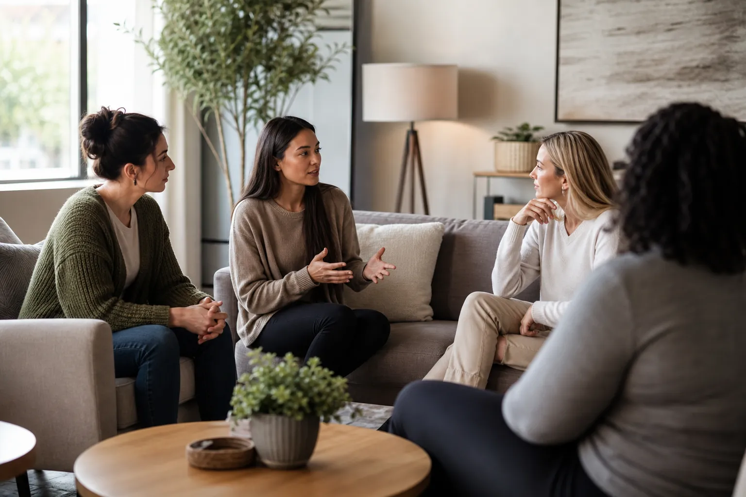 Four women sit together in a bright lounge, with one gesturing as the others listen during a group discussion.