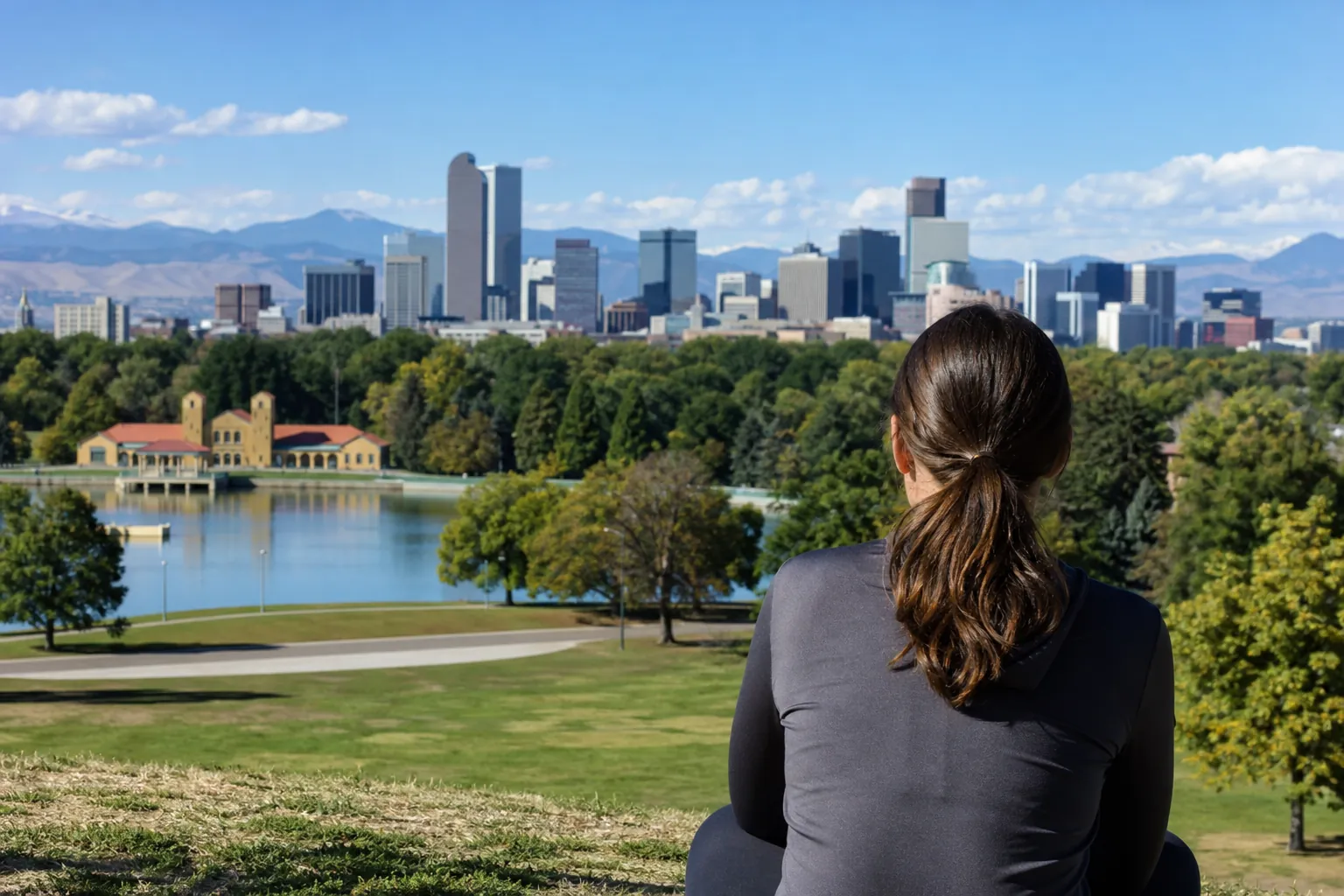 A woman with a ponytail sits on a grassy hill overlooking a lake, park trees, and the Denver skyline with mountains beyond.