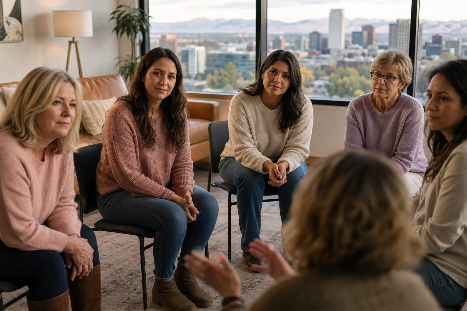 Women Seated in a Group Discussion Overlooking the City Six women sit in a discussion circle in a bright room overlooking a city skyline and distant mountains.