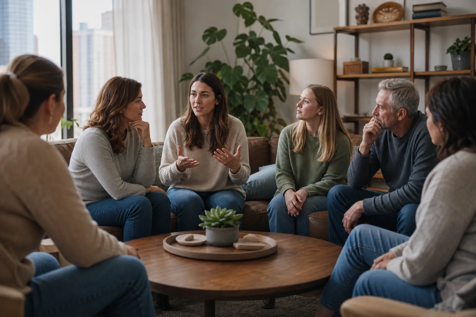 Family Group Discussion in a Comfortable Living Room Five women and one man sit around a wooden coffee table in a bright living room, listening as a woman gestures while speaking.