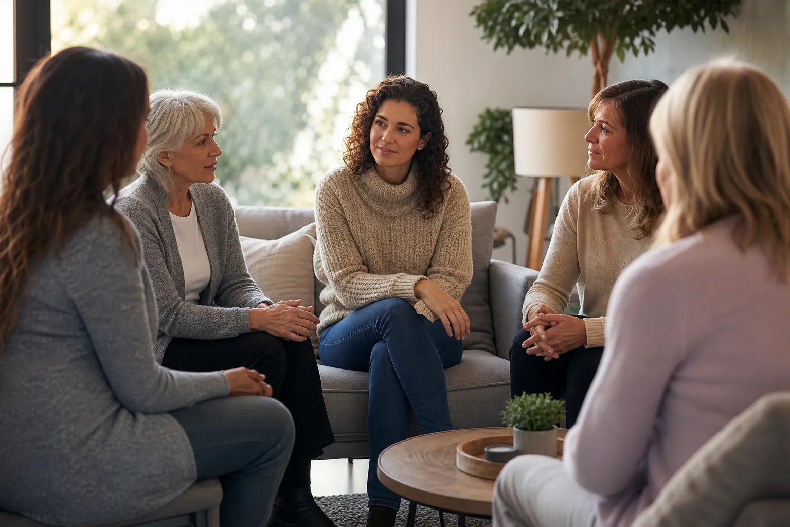 Five Women Seated Together in a Group Discussion Five women sit in a circle on sofas and chairs in a bright room, listening to one another during a group conversation.