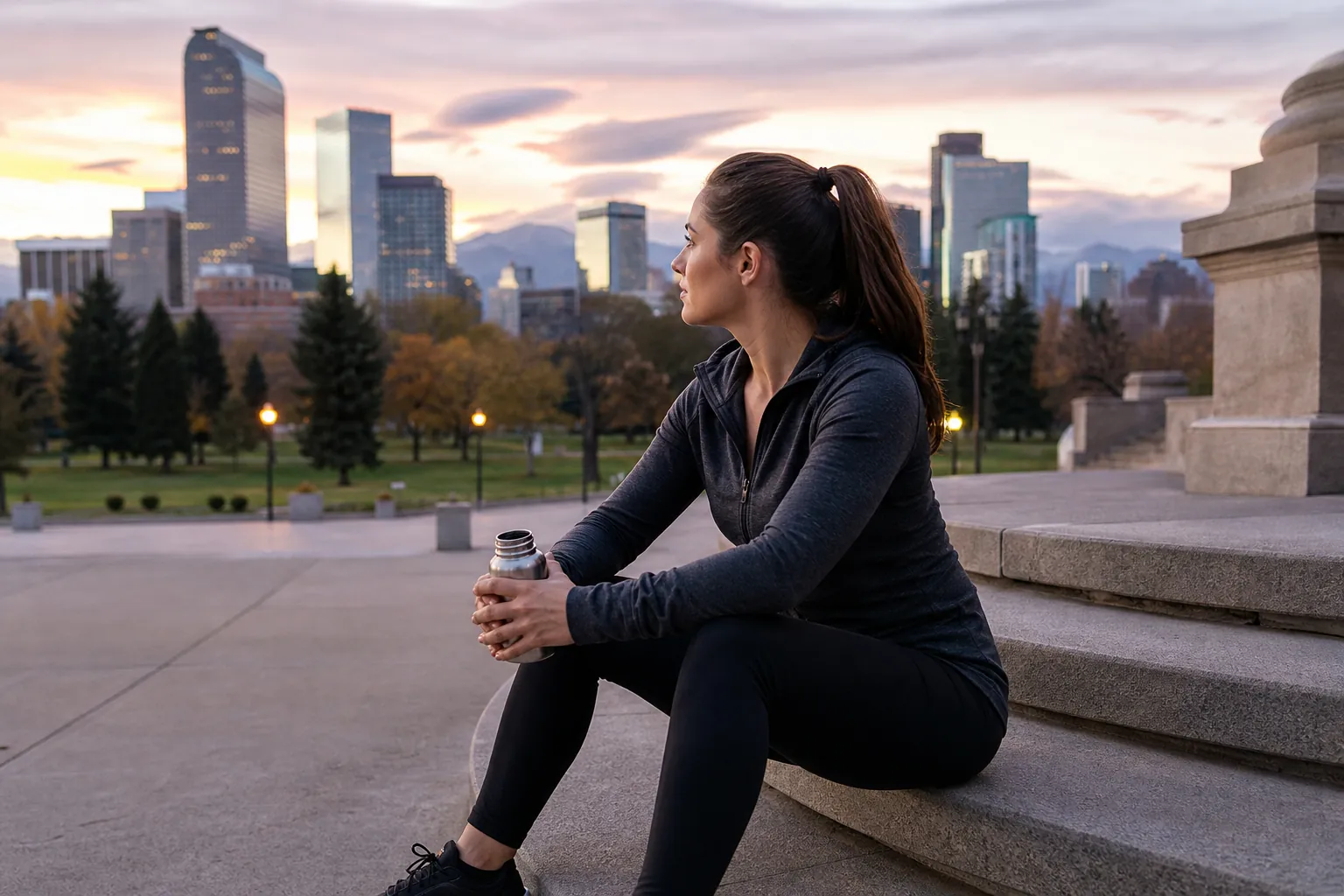 Woman Resting on Stone Steps at Sunset A woman in dark athletic clothing sits on stone steps holding a metal bottle, with a city skyline and mountains at sunset.