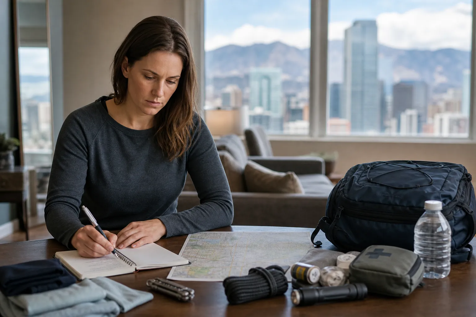 Woman Planning With a Map and Emergency Supplies A woman writes in a notebook beside a map, backpack, first aid kit, flashlight, and water bottle, with mountains outside.