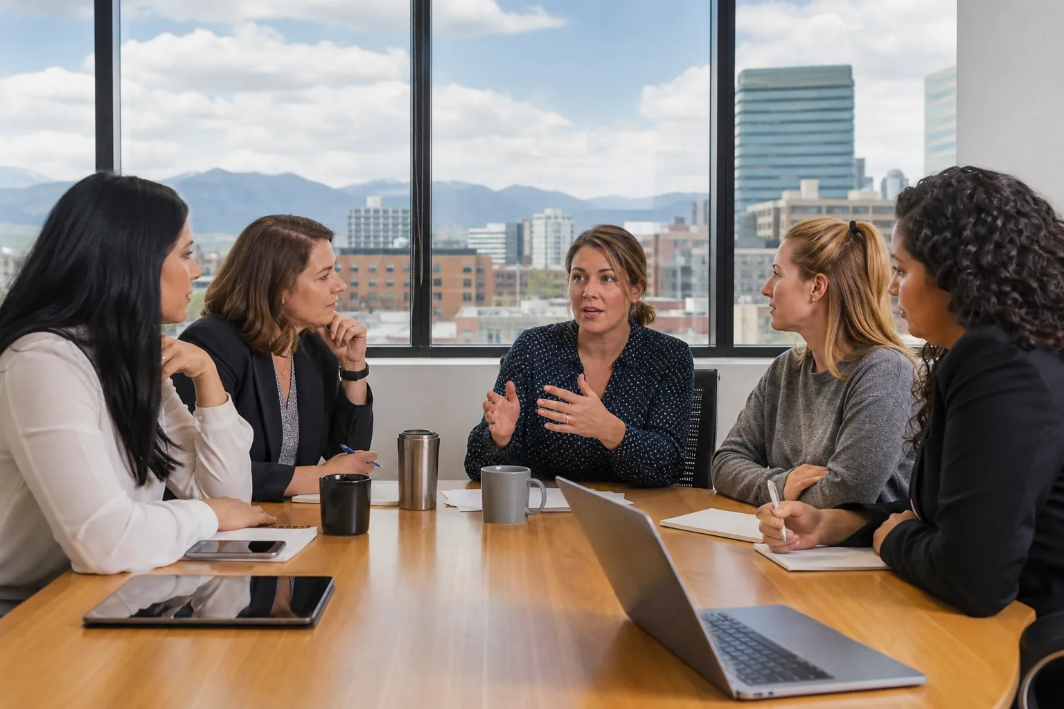 Women Sharing Concerns in a Team Discussion Five women discuss around a conference table with notebooks, mugs and a laptop, with city buildings and mountains outside.