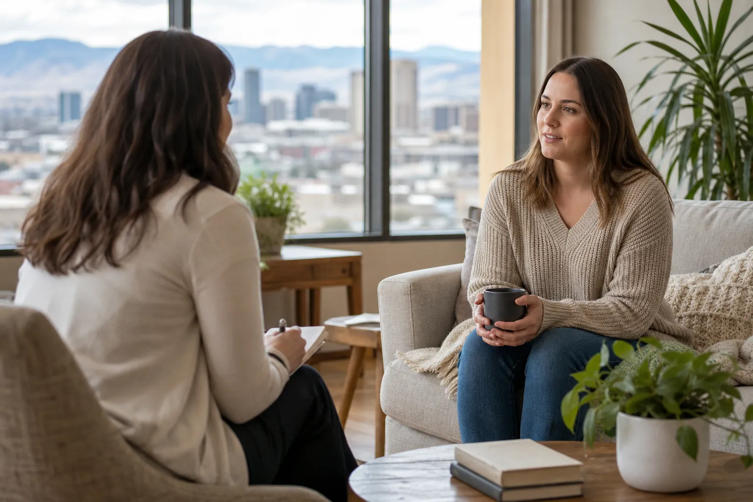 Two Women Talking in a Bright Office Two women sit facing each other in a bright office, one holding a mug and the other taking notes, with mountains beyond the windows.