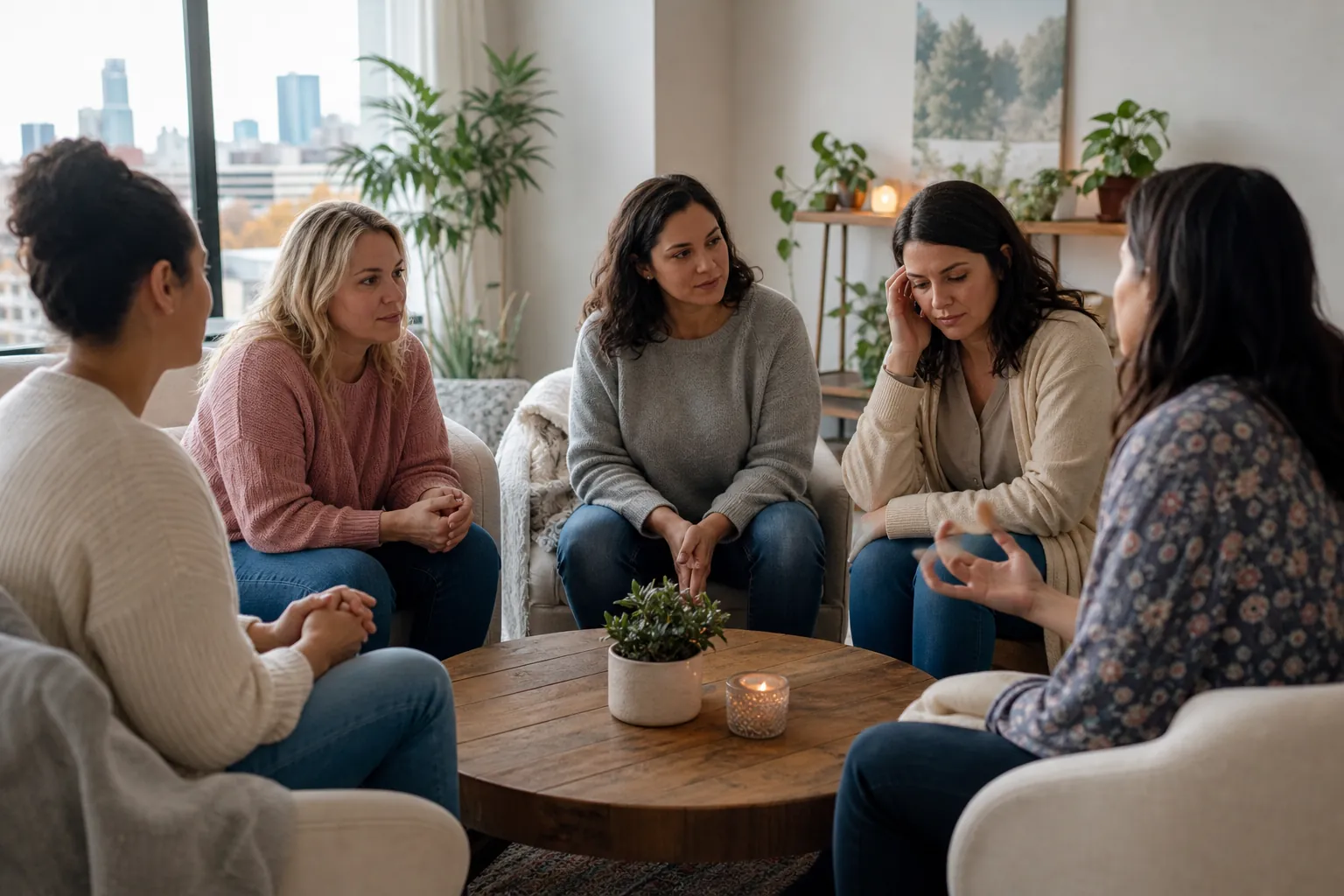 Women Listening During a Support Group Discussion Five women sit in a circle around a wooden coffee table in a bright room, listening during a group discussion.