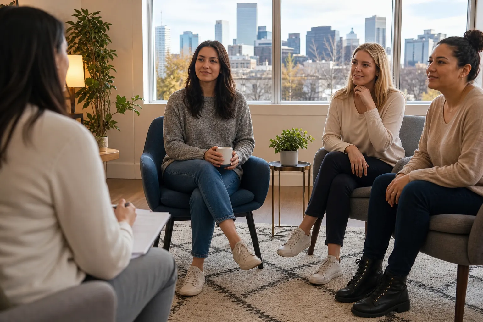 Women Seated Together in a Counseling Setting Three women sit facing a woman holding a clipboard in a bright lounge with plants and city views through large windows.