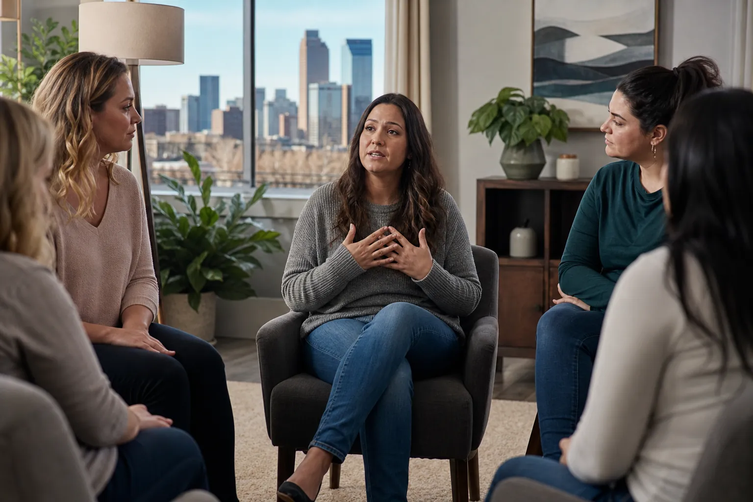 Five women sit in a discussion circle as the central woman gestures toward her chest, with a city skyline behind them.