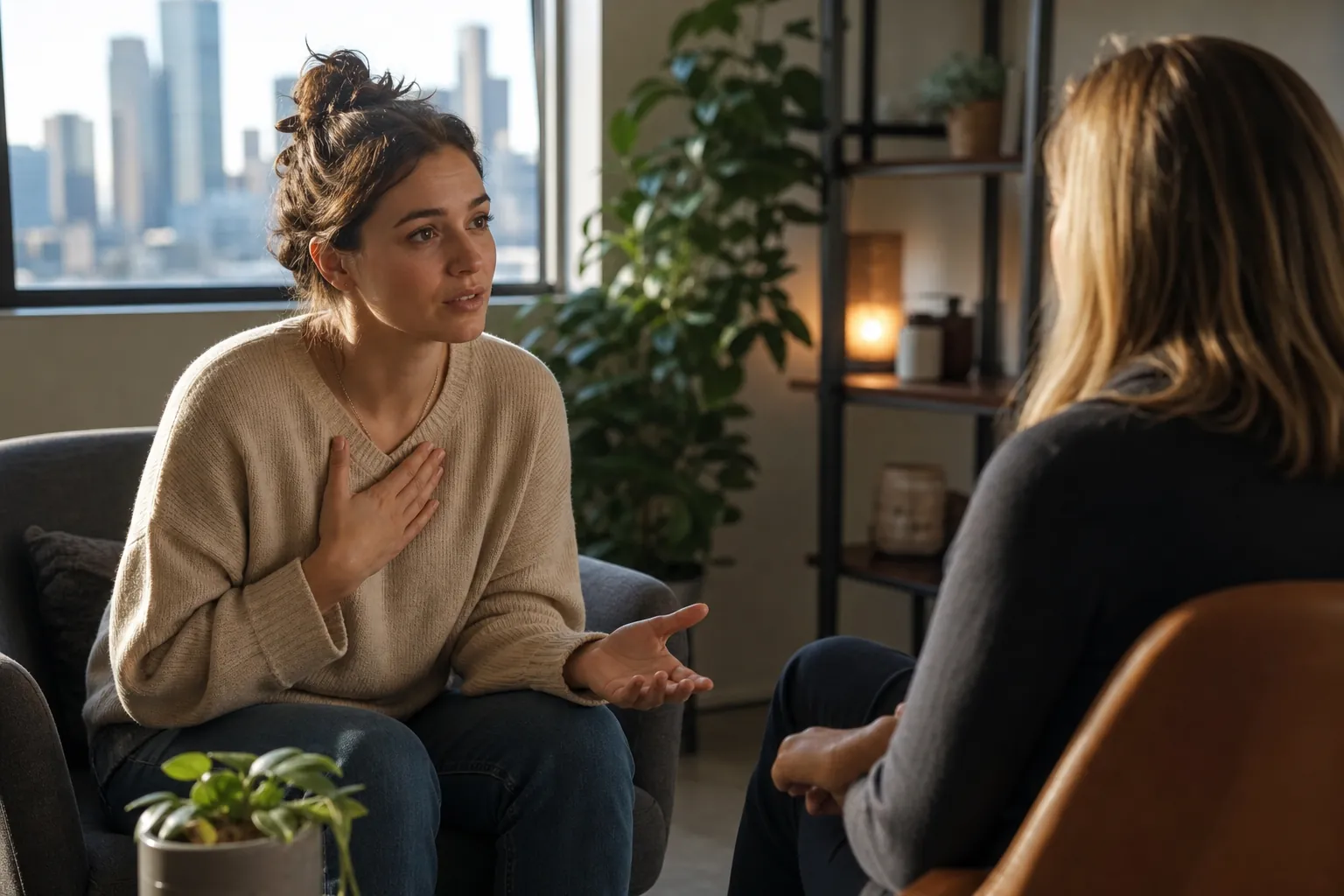 A woman gestures with one hand on her chest while speaking to another seated woman in a sunlit room with plants.